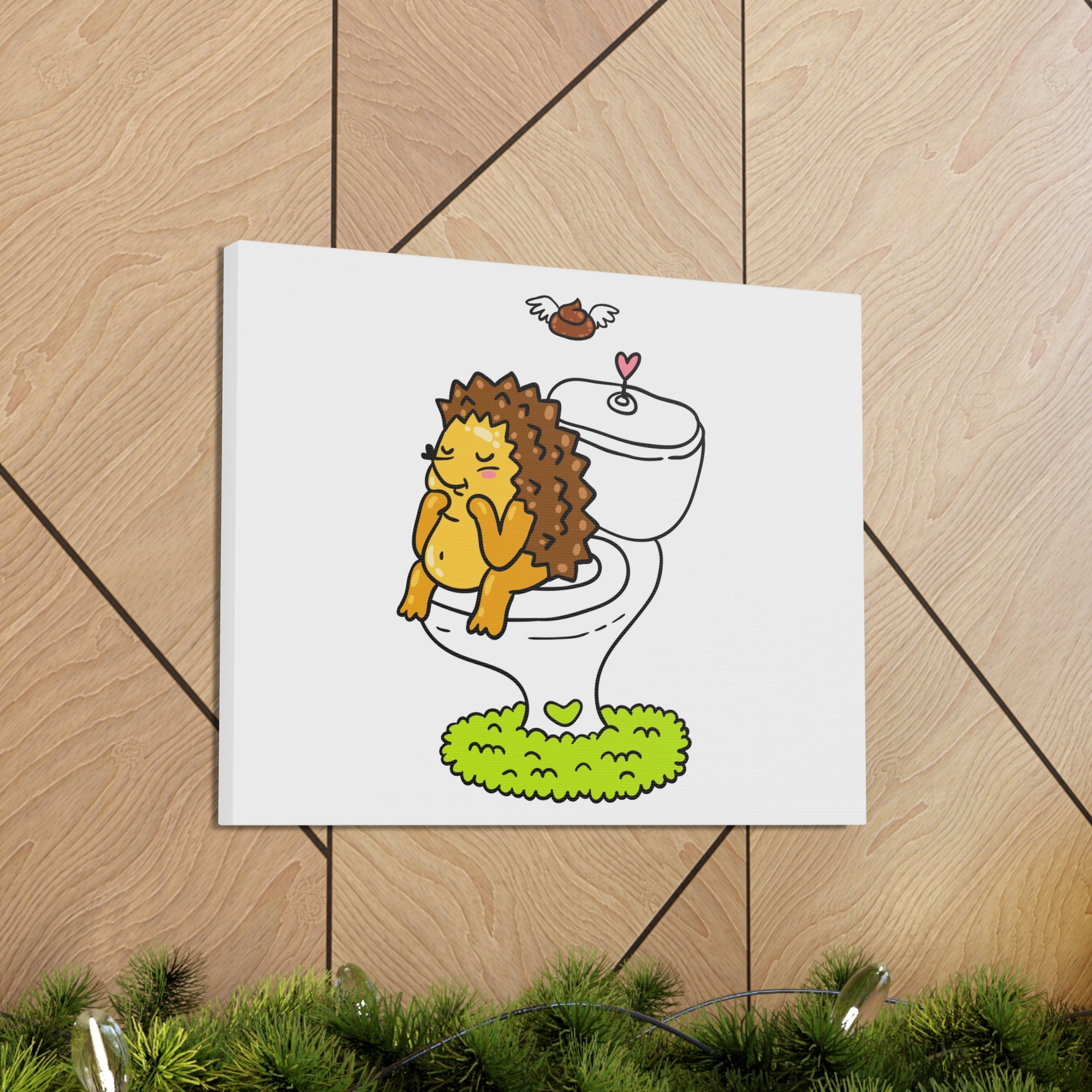 Cute Little Hedgehog Sitting On Toilet Funny Canvas Wall Art for Home Decor Ready-to-Hand-Express Your Love Gifts