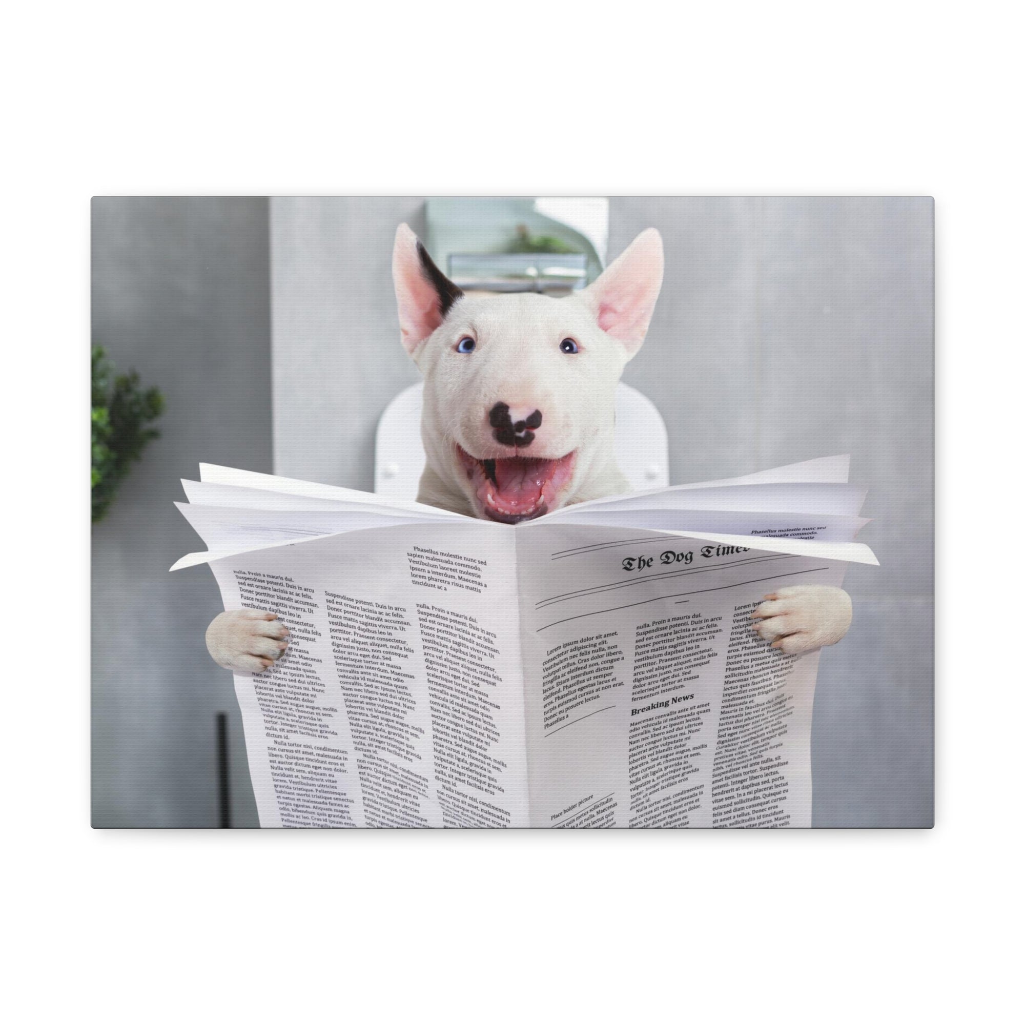 Smiling Bullterrier Reading Newspaper On Toilet Funny Canvas Wall Art for Home Decor Ready-to-Hand-Express Your Love Gifts