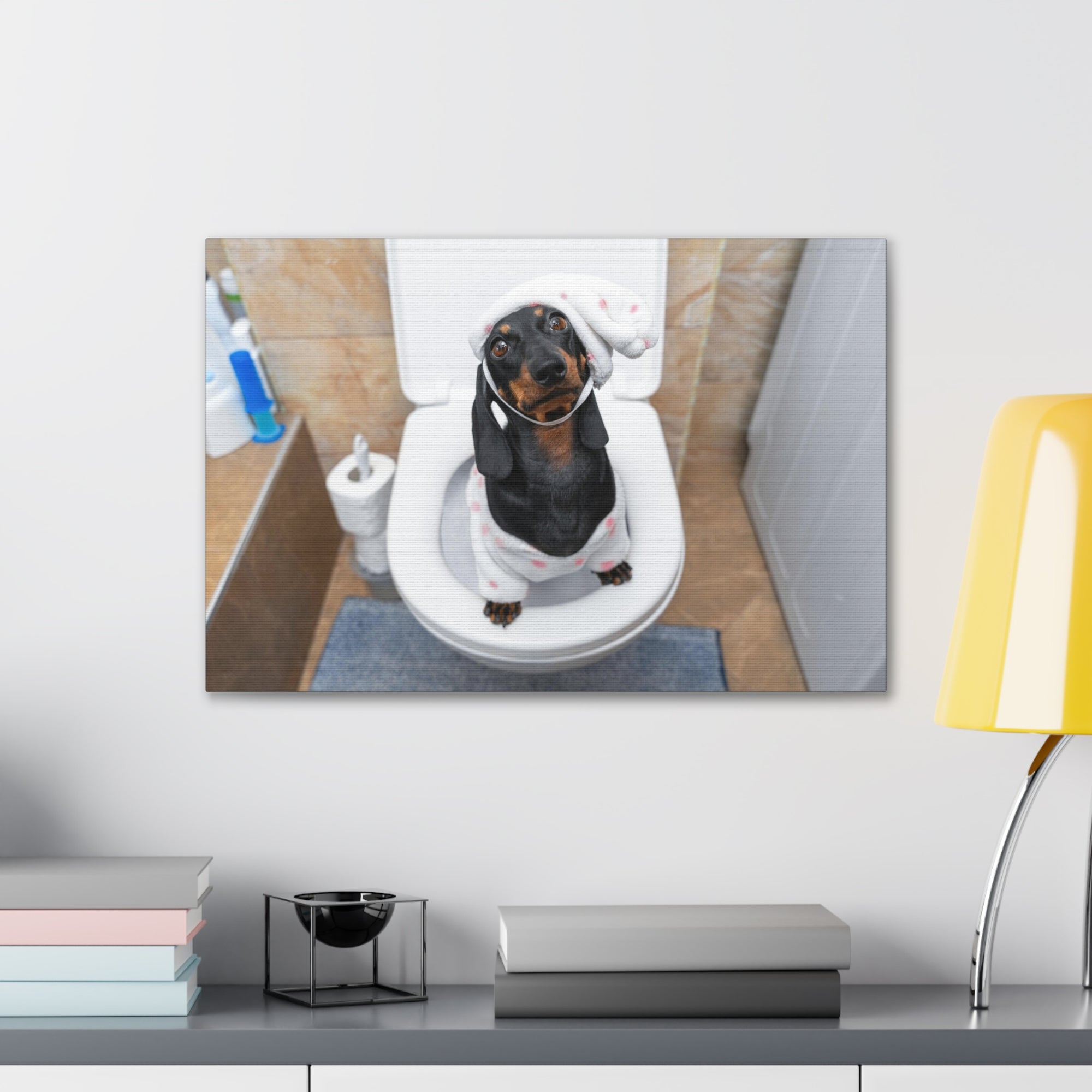 Dachshund Toilet Training In Pajamas On Toilet Funny Canvas Wall Art for Home Decor Ready-to-Hand-Express Your Love Gifts