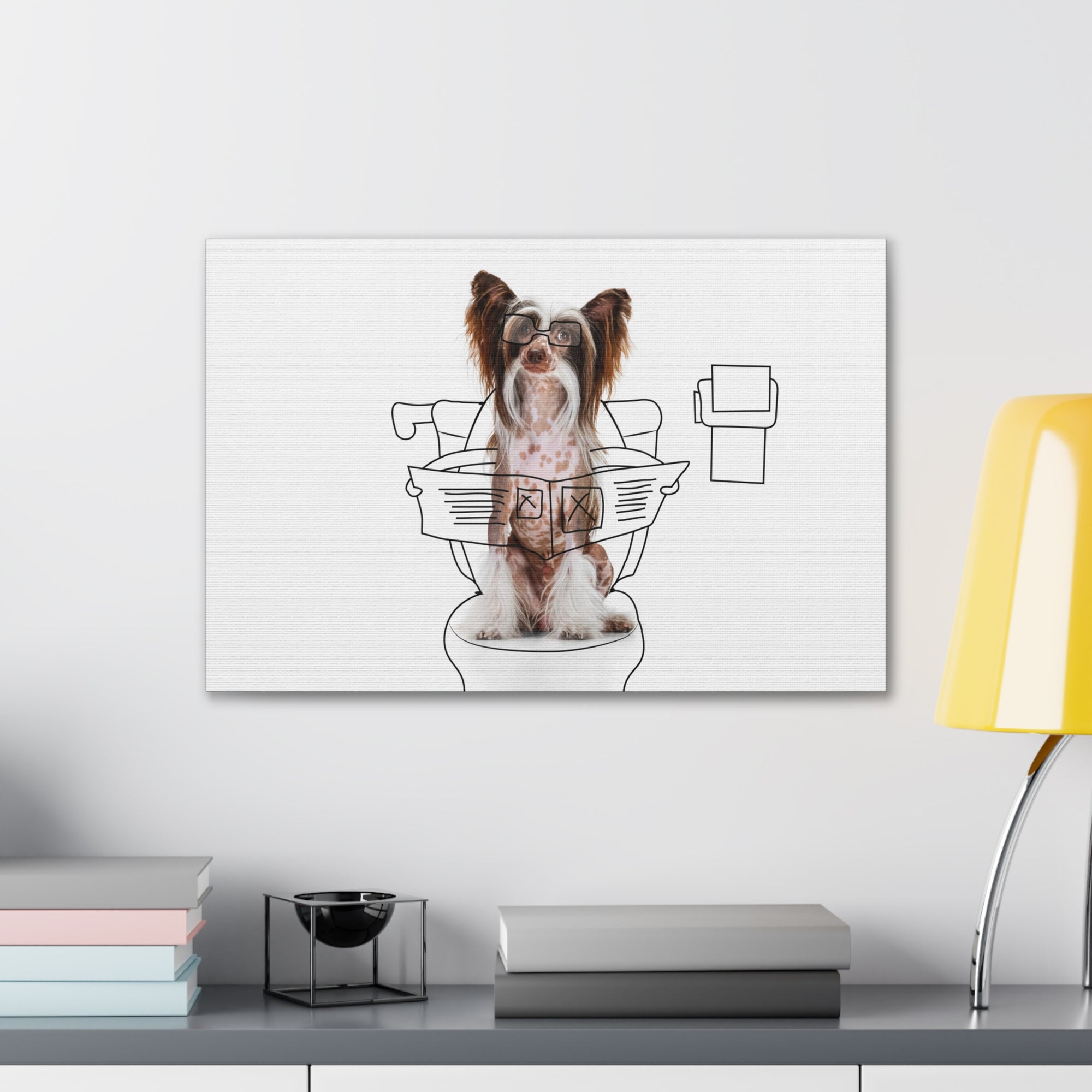 Chinese Crested Reading Newspaper On Toilet Funny Canvas Wall Art for Home Decor Ready-to-Hand-Express Your Love Gifts