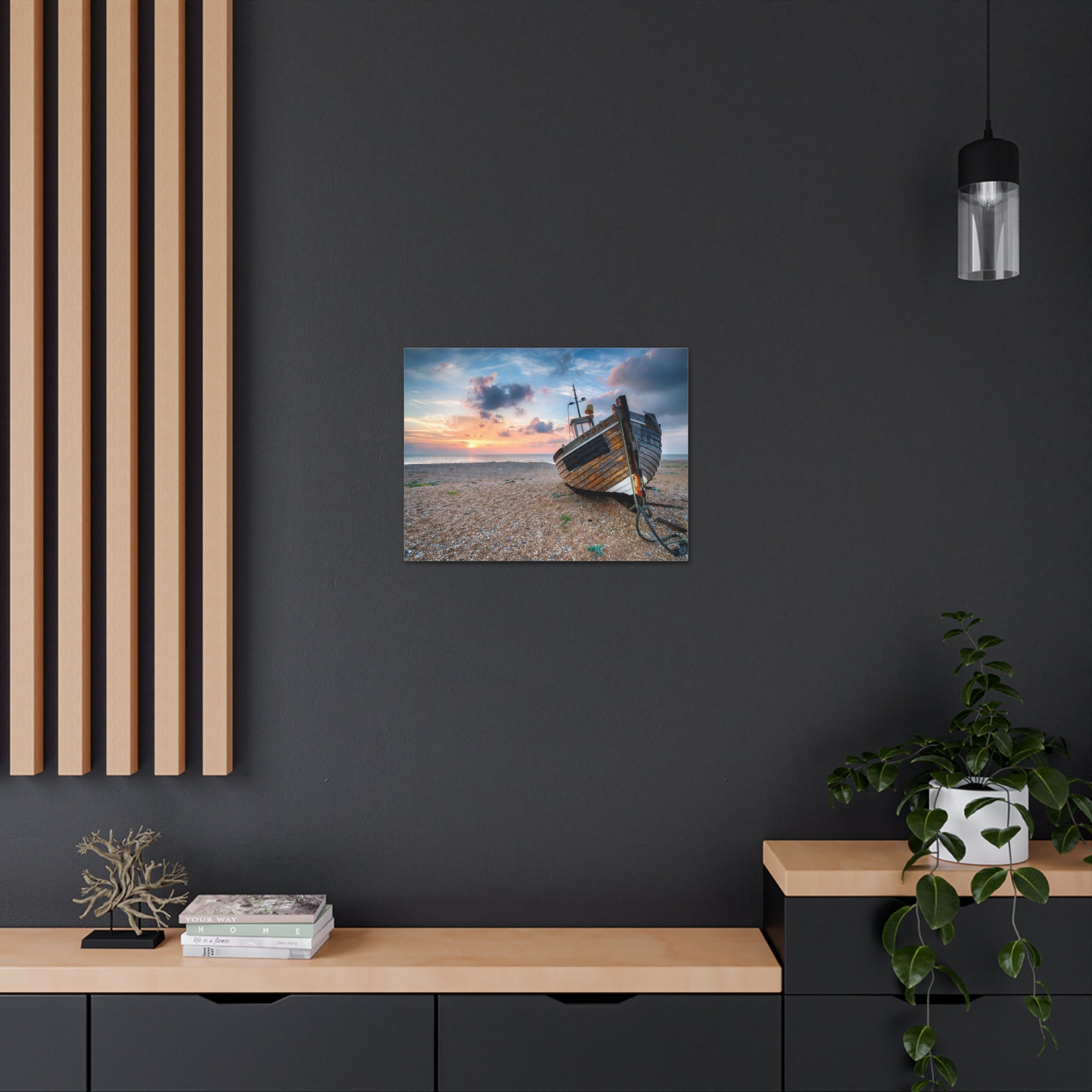 Beautiful Sunrise Wooden Fishing Boat Ocean Canvas Wall Art for Home Decor Ready-to-Hang-Express Your Love Gifts