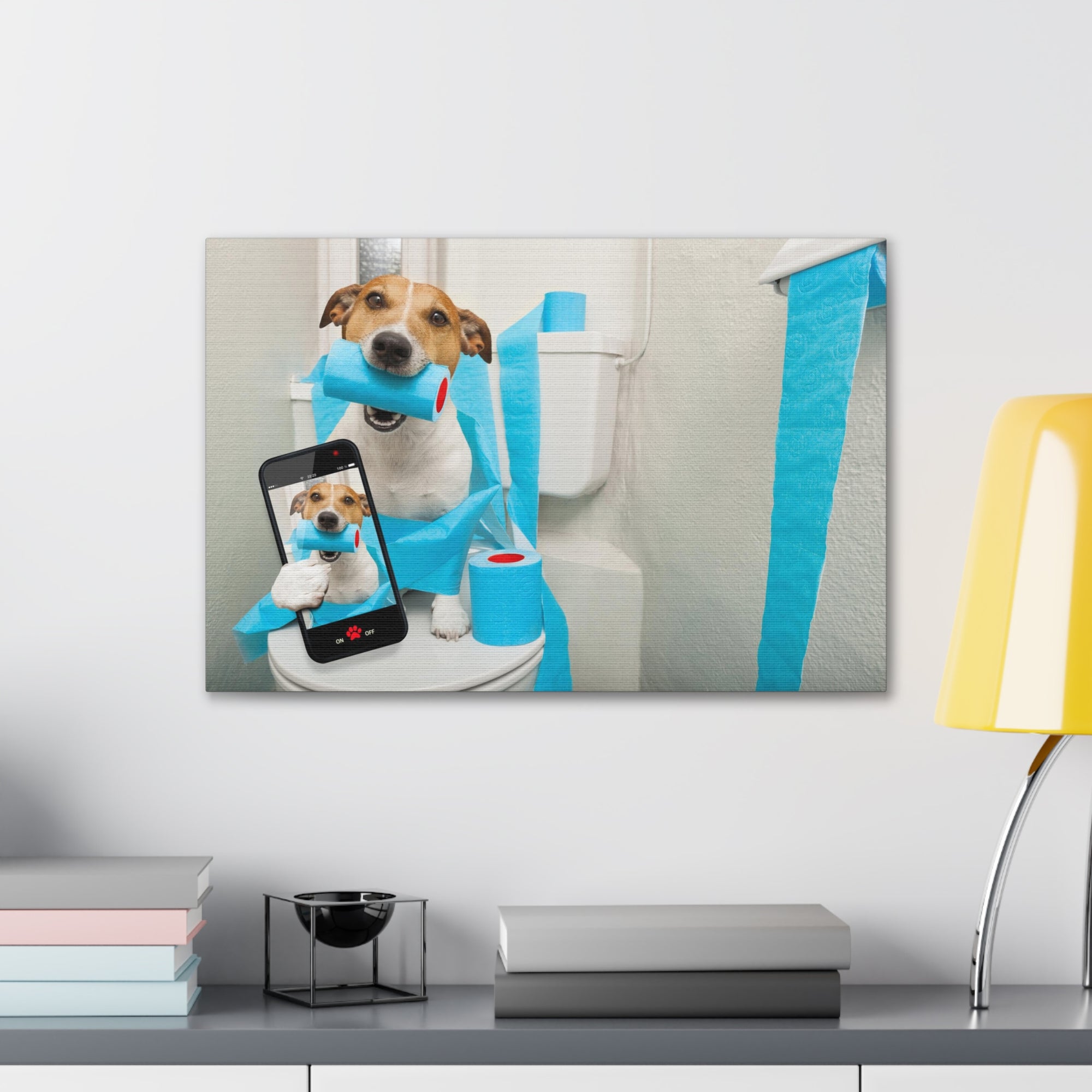 Jack Russell Terrier Holding Phone On Toilet Funny Canvas Wall Art for Home Decor Ready-to-Hand-Express Your Love Gifts