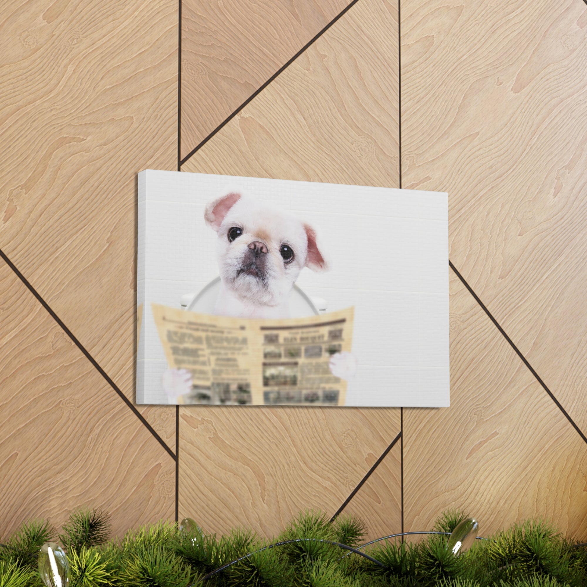 Cute Dog Reading Newspaper On Toilet Funny Canvas Wall Art for Home Decor Ready-to-Hand-Express Your Love Gifts