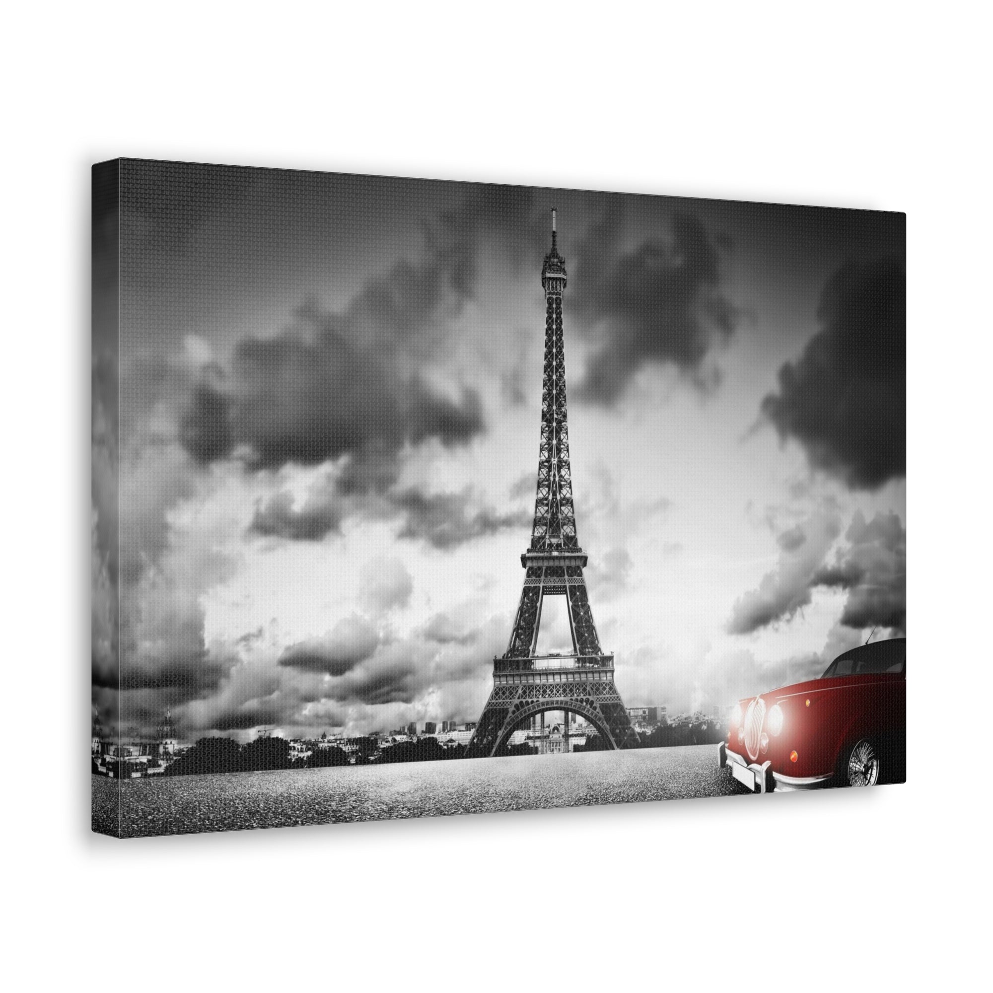 Artistic Image of Eiffel Tower And Red Retro Car Paris Eiffel Tower Couple France Canvas Artwork High-Quality Breathtaking French City for Home Decor Ready to Hang-Express Your Love Gifts