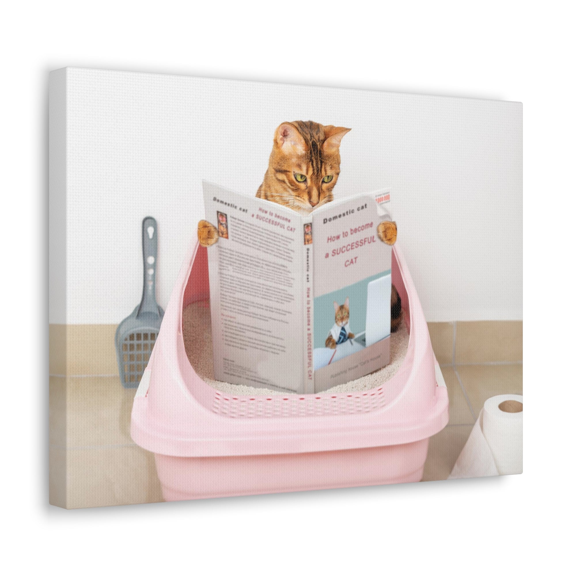 Brown Cat Reading A Book Sitting On Toilet Funny Canvas Wall Art for Home Decor Ready-to-Hand-Express Your Love Gifts