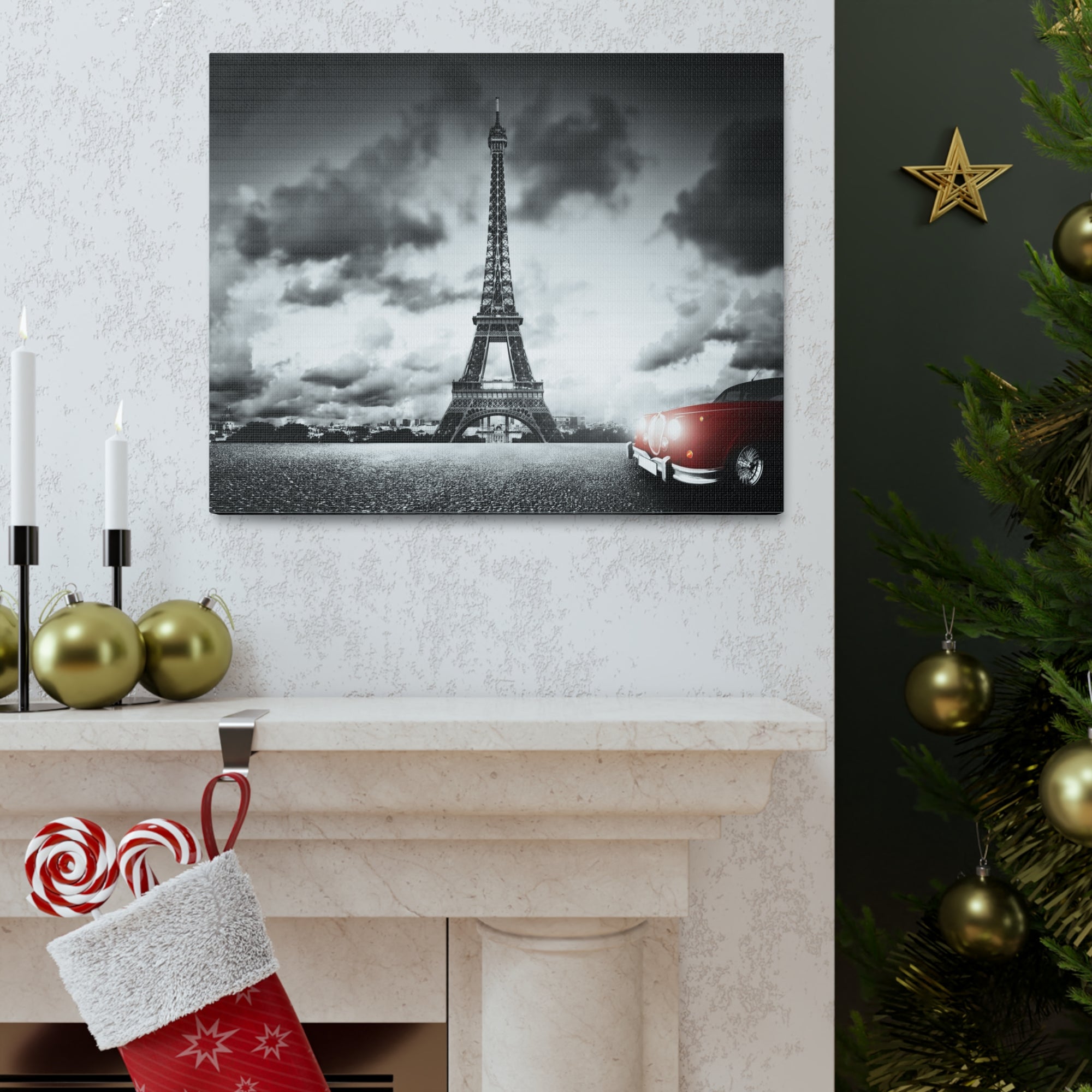 Artistic Image of Eiffel Tower And Red Retro Car Paris Eiffel Tower Couple France Canvas Artwork High-Quality Breathtaking French City for Home Decor Ready to Hang-Express Your Love Gifts