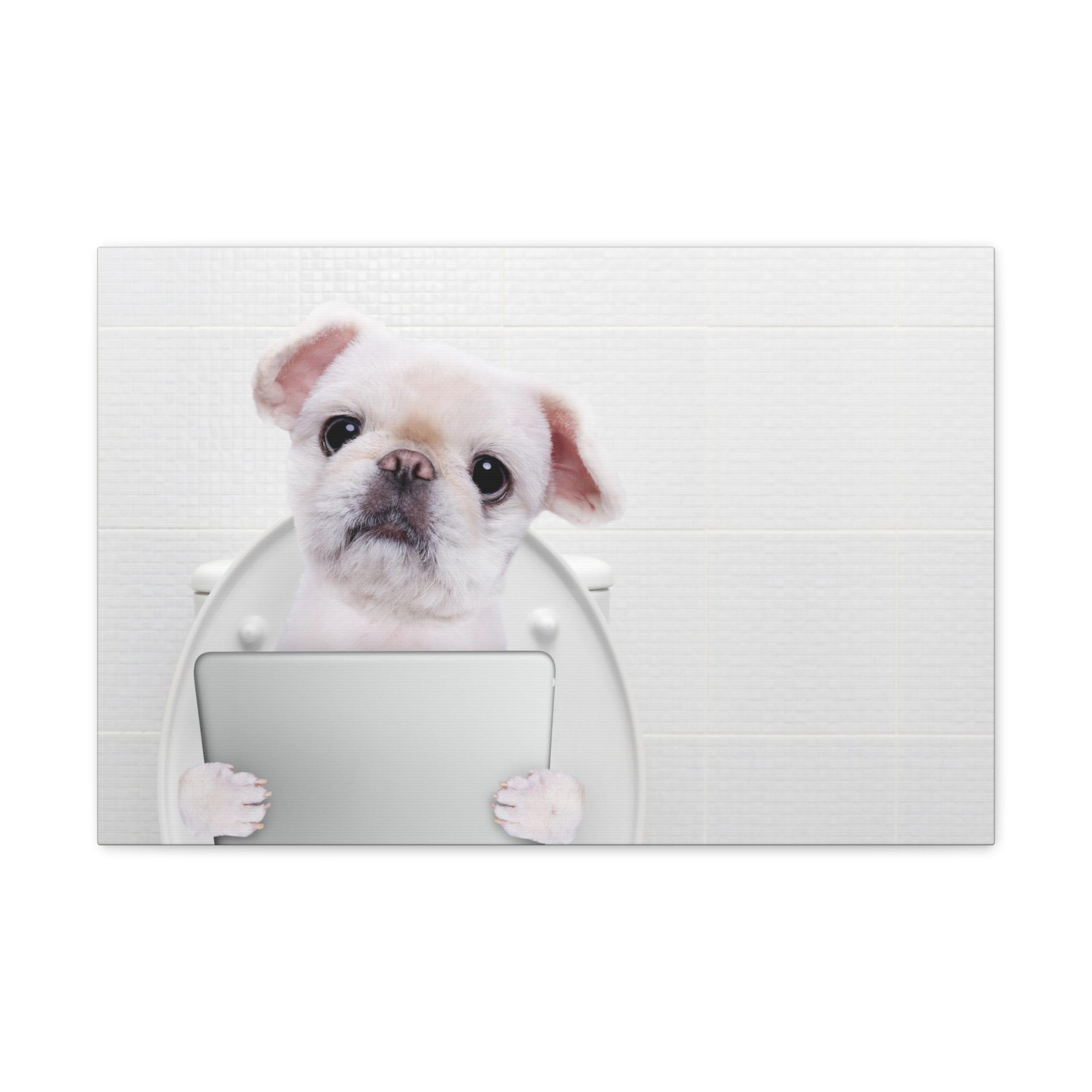 Cute Dog Holding Tablet PC Sitting On Toilet Funny Canvas Wall Art for Home Decor Ready-to-Hand-Express Your Love Gifts