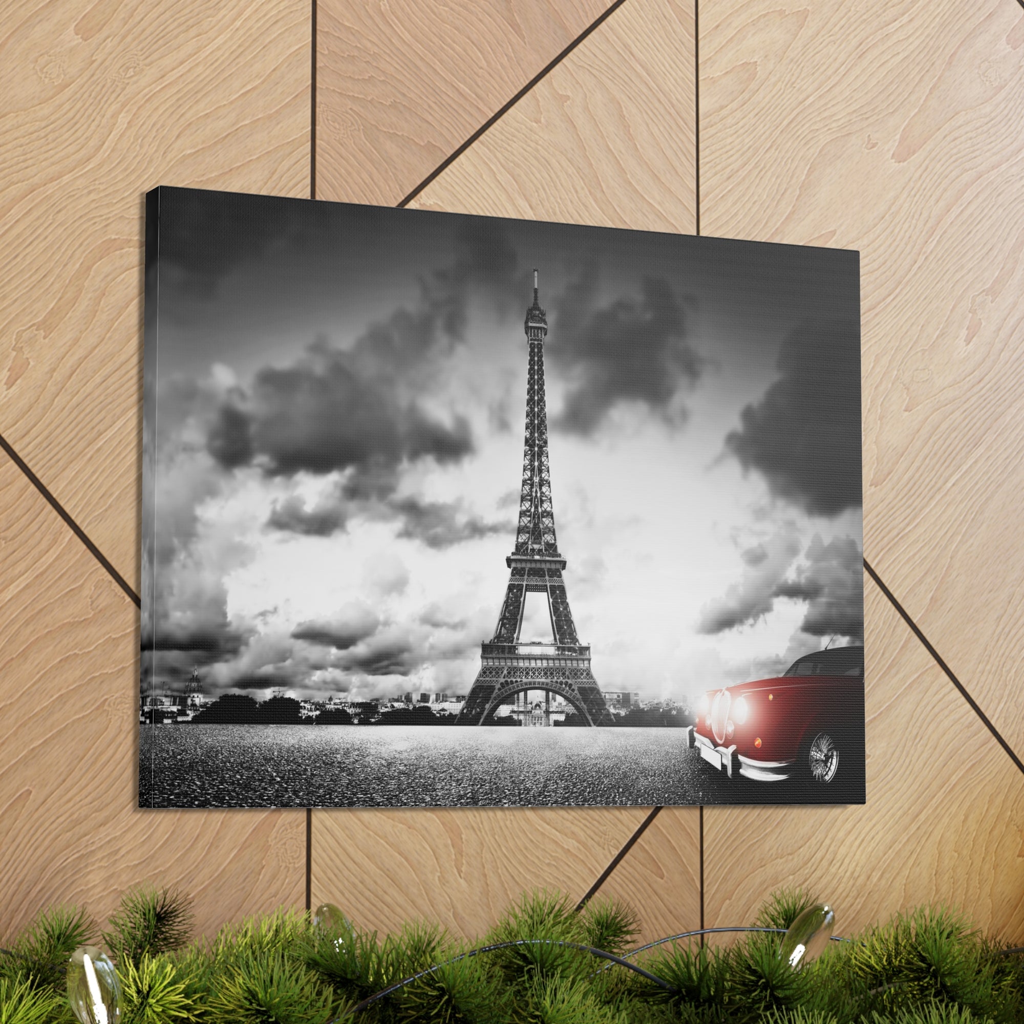 Artistic Image of Eiffel Tower And Red Retro Car Paris Eiffel Tower Couple France Canvas Artwork High-Quality Breathtaking French City for Home Decor Ready to Hang-Express Your Love Gifts