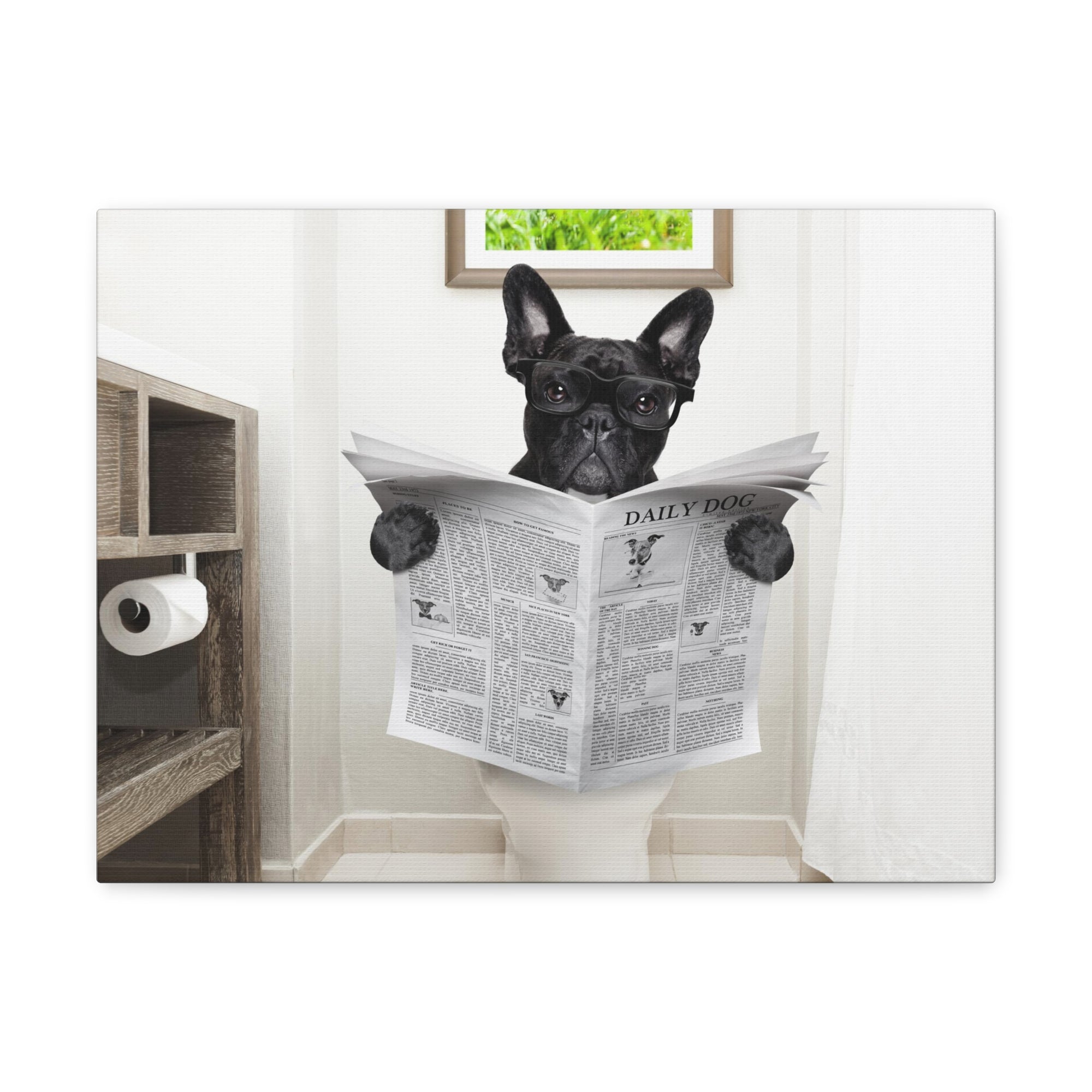 French Bulldog Reading Newspaper On Toilet Funny Canvas Wall Art for Home Decor Ready-to-Hand-Express Your Love Gifts