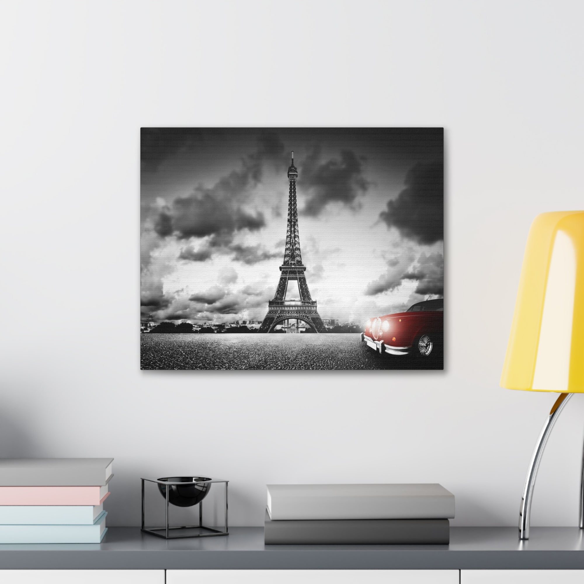 Artistic Image of Eiffel Tower And Red Retro Car Paris Eiffel Tower Couple France Canvas Artwork High-Quality Breathtaking French City for Home Decor Ready to Hang-Express Your Love Gifts