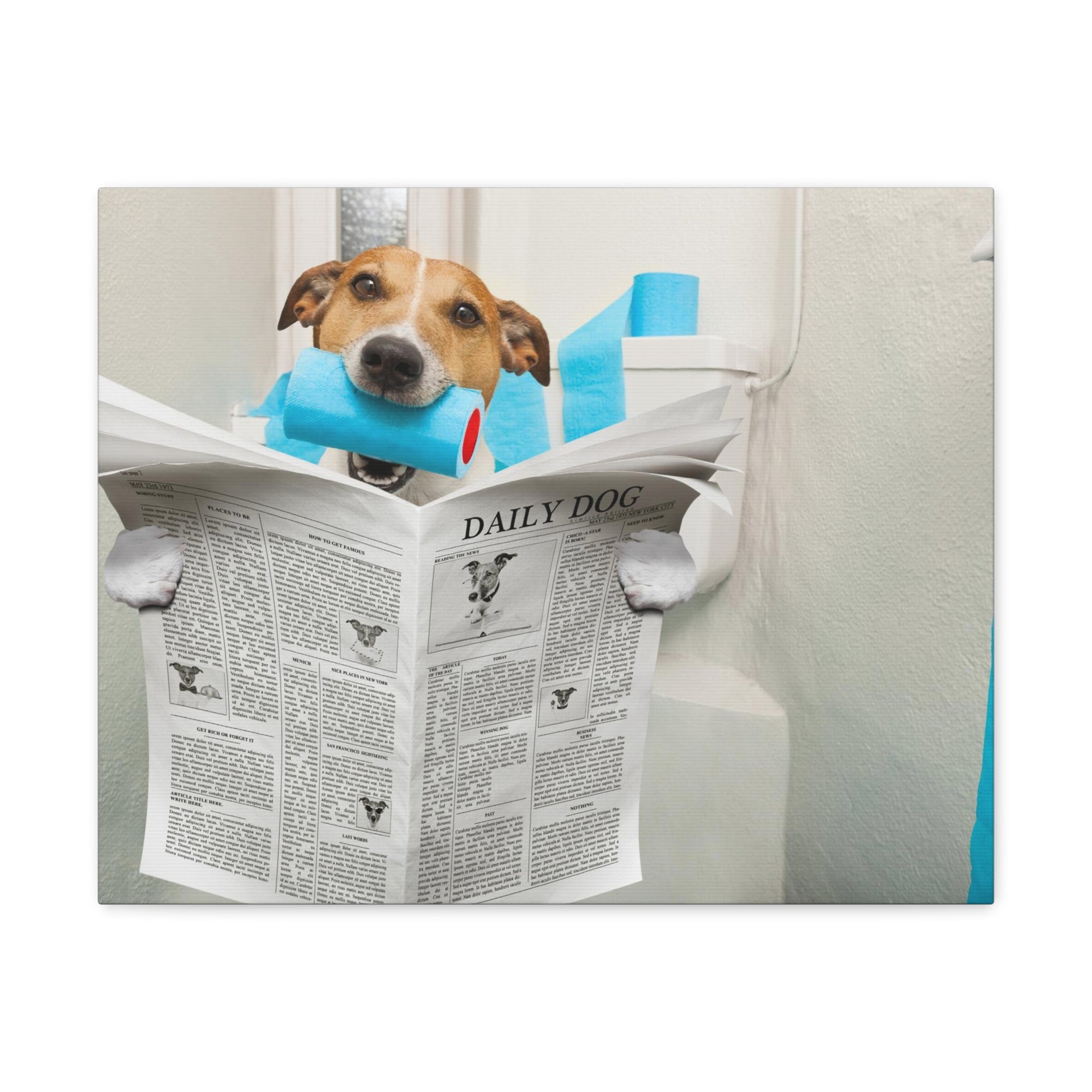 Jack Russell Terrier Biting Tissue Reading Newspaper On Toilet Funny Canvas Wall Art for Home Decor Ready-to-Hand-Express Your Love Gifts