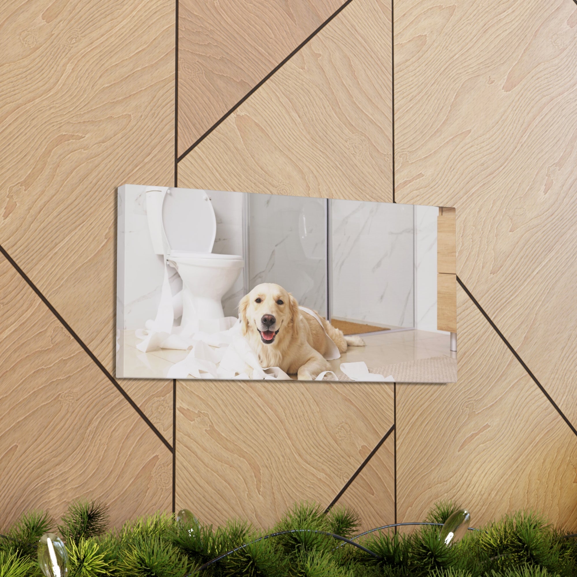 Cute Golden Labrador Retriever Playing On Toilet Funny Canvas Wall Art for Home Decor Ready-to-Hand-Express Your Love Gifts