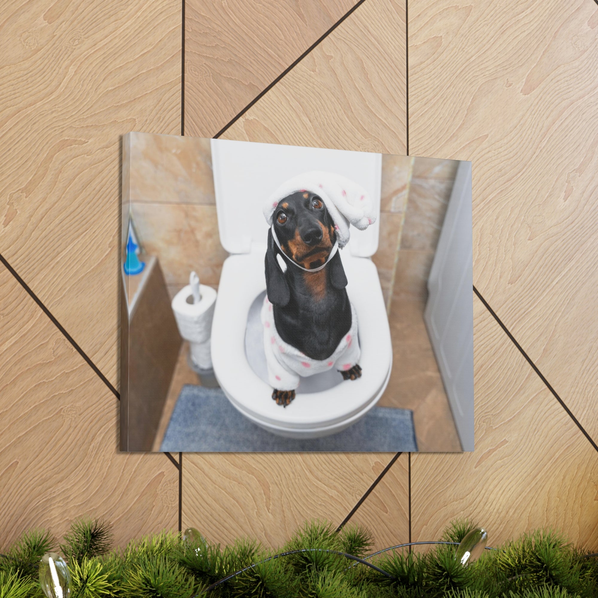 Dachshund Toilet Training In Pajamas On Toilet Funny Canvas Wall Art for Home Decor Ready-to-Hand-Express Your Love Gifts