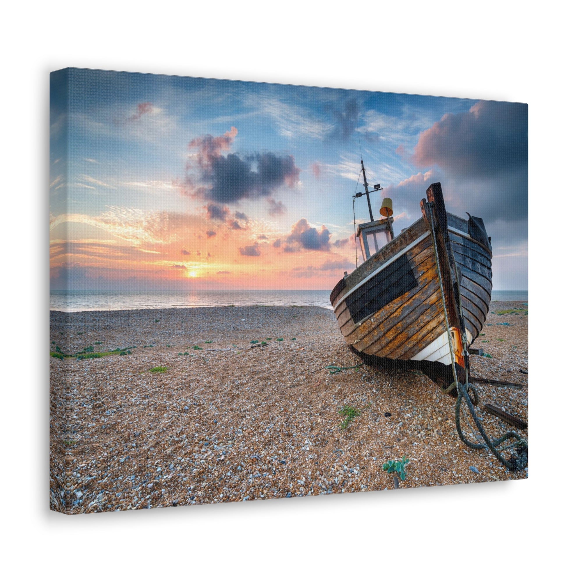 Beautiful Sunrise Wooden Fishing Boat Ocean Canvas Wall Art for Home Decor Ready-to-Hang-Express Your Love Gifts