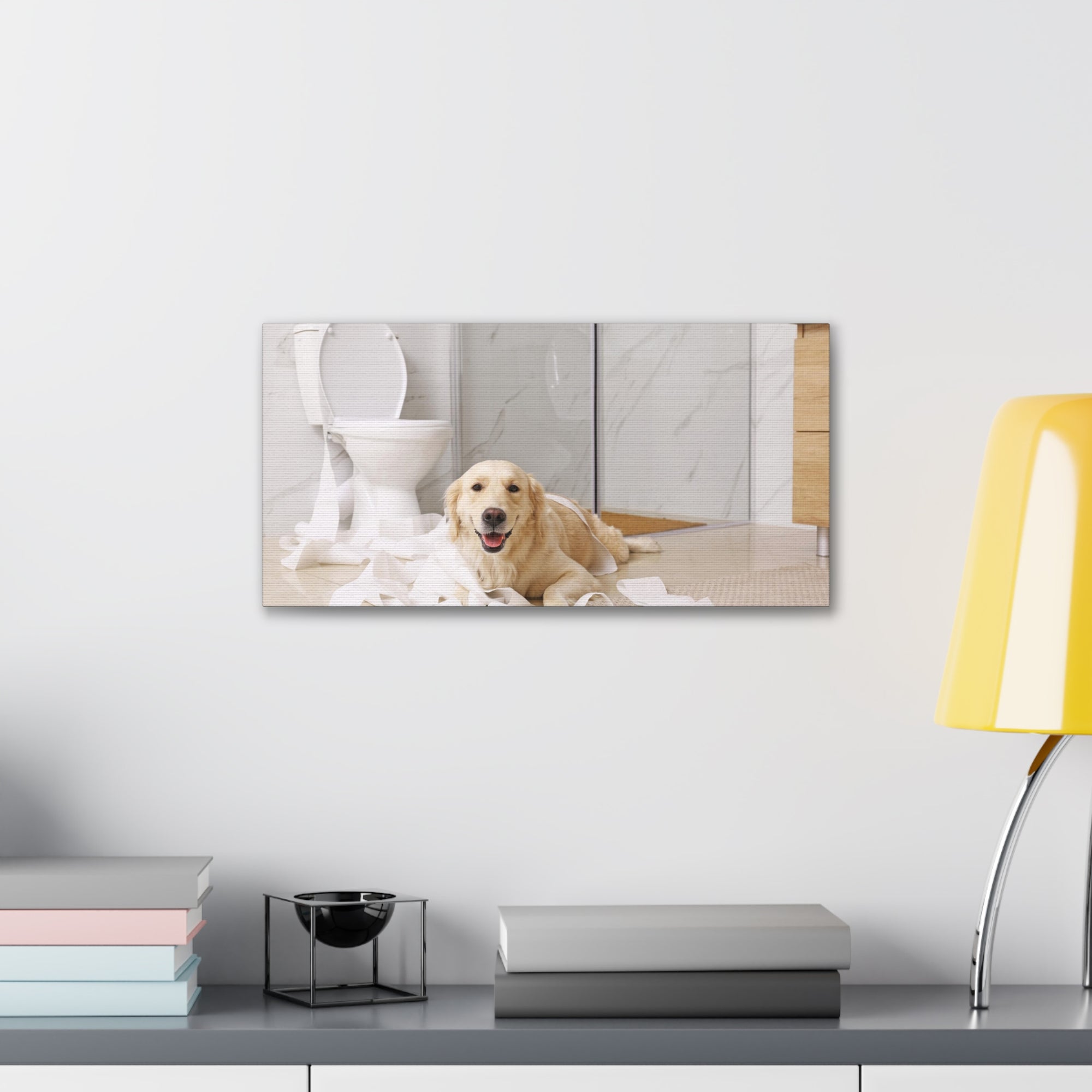 Cute Golden Labrador Retriever Playing On Toilet Funny Canvas Wall Art for Home Decor Ready-to-Hand-Express Your Love Gifts