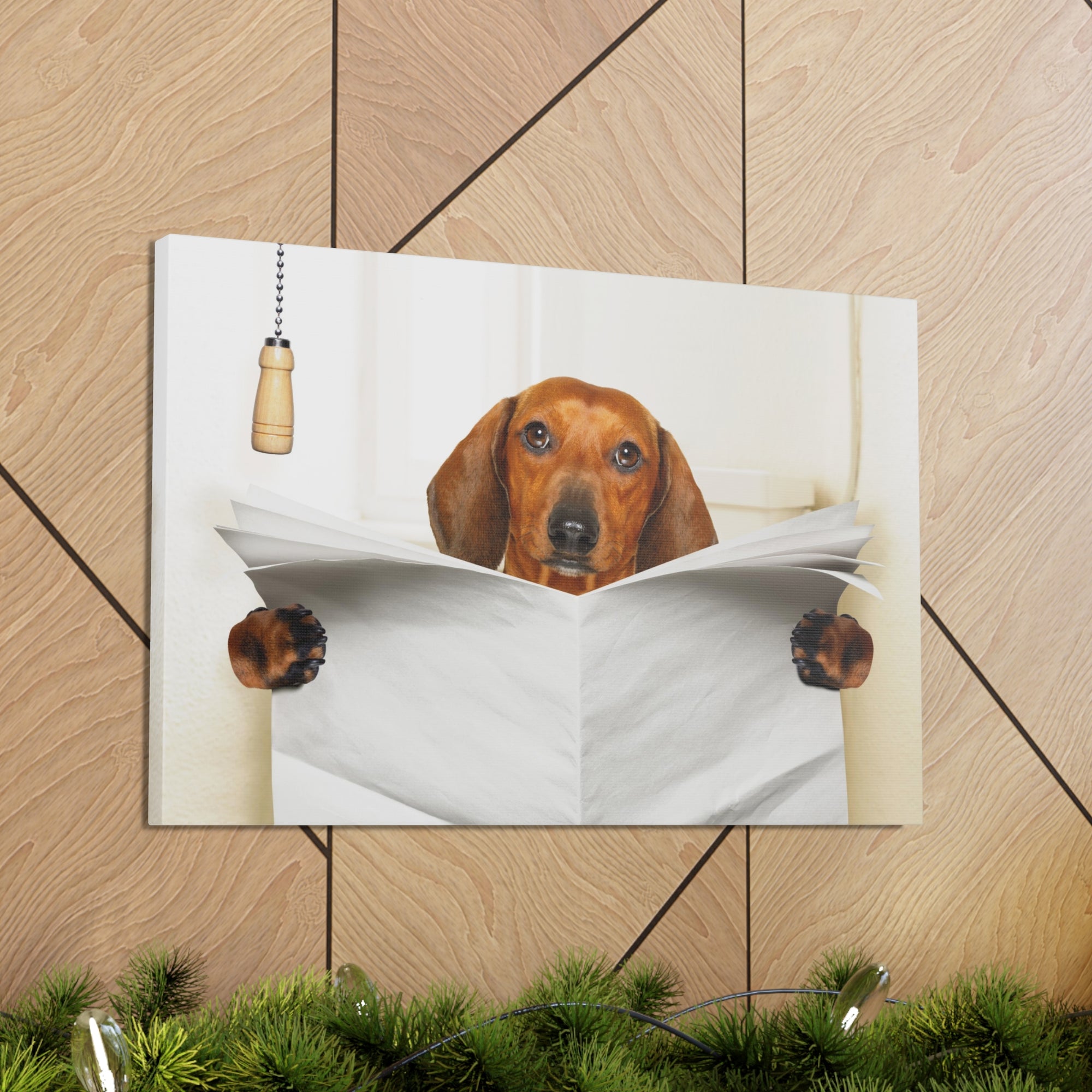 Funny Sausage Dachshund Reading Blank Paper On Toilet Funny Canvas Wall Art for Home Decor Ready-to-Hand-Express Your Love Gifts