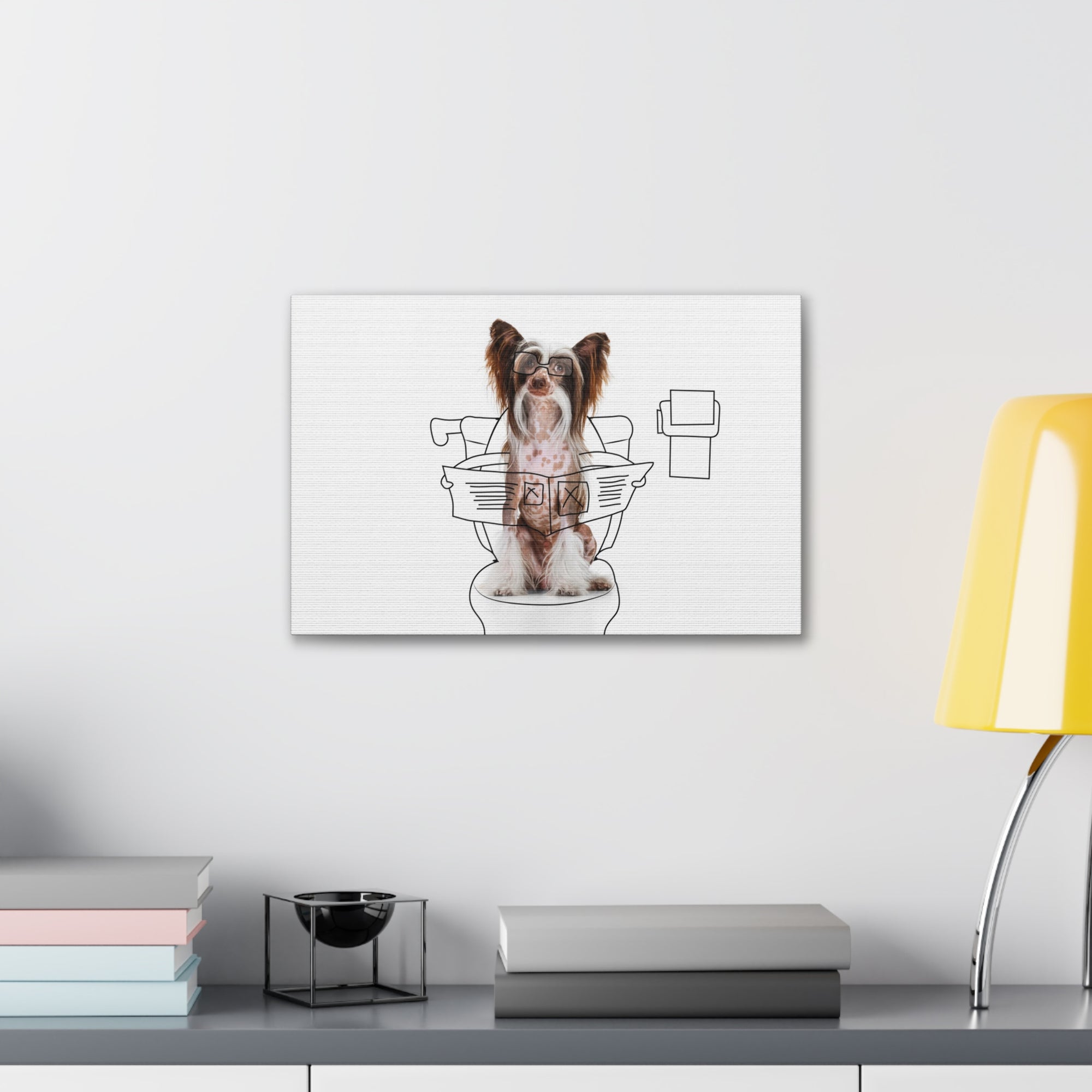 Chinese Crested Reading Newspaper On Toilet Funny Canvas Wall Art for Home Decor Ready-to-Hand-Express Your Love Gifts