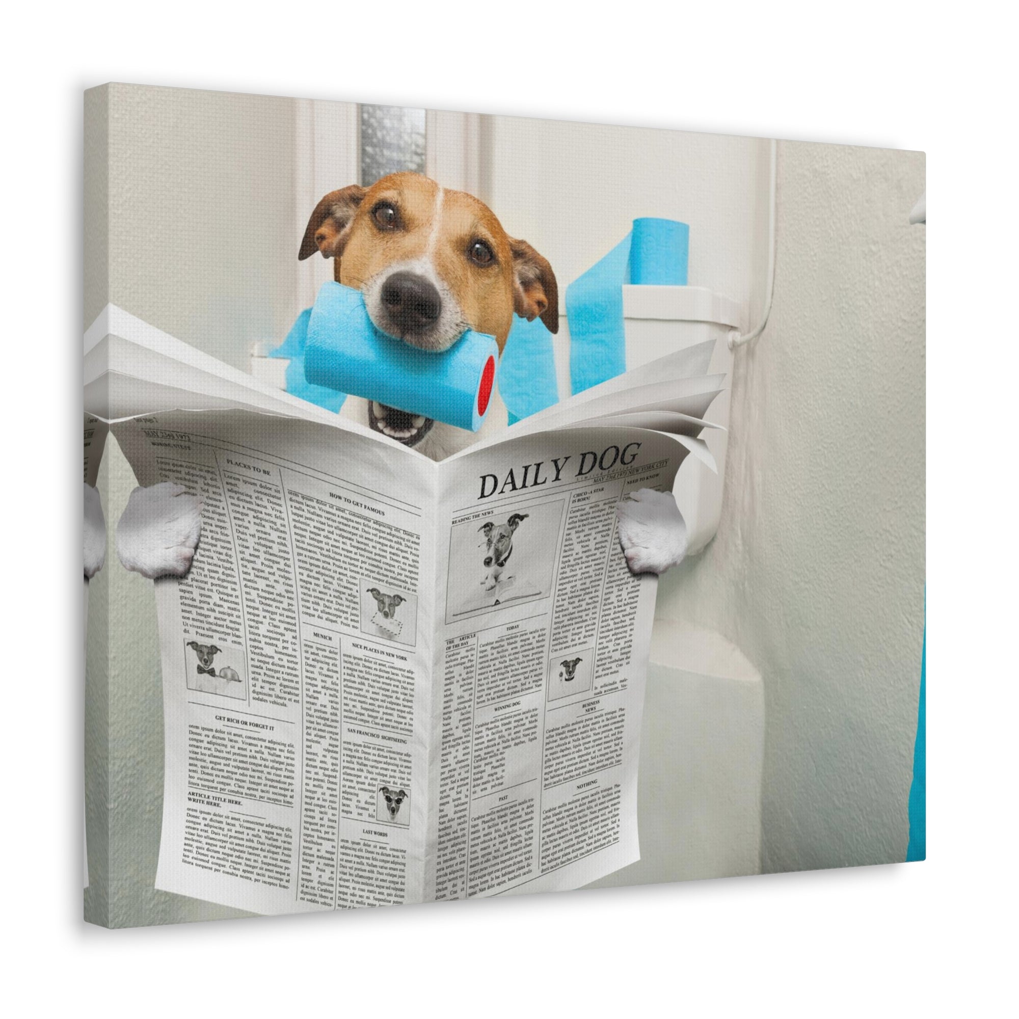 Jack Russell Terrier Biting Tissue Reading Newspaper On Toilet Funny Canvas Wall Art for Home Decor Ready-to-Hand-Express Your Love Gifts