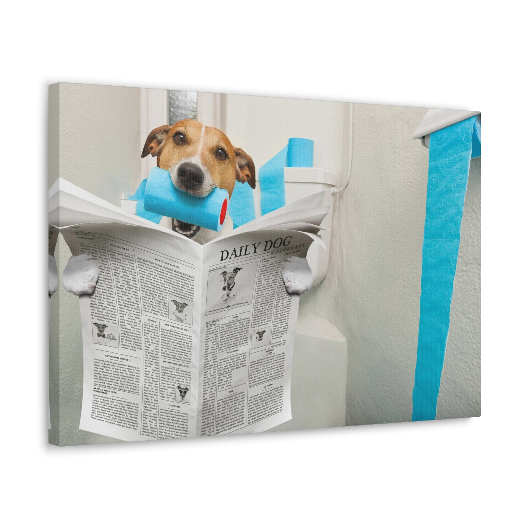 Jack Russell Terrier Biting Tissue Reading Newspaper On Toilet Funny Canvas Wall Art for Home Decor Ready-to-Hand-Express Your Love Gifts