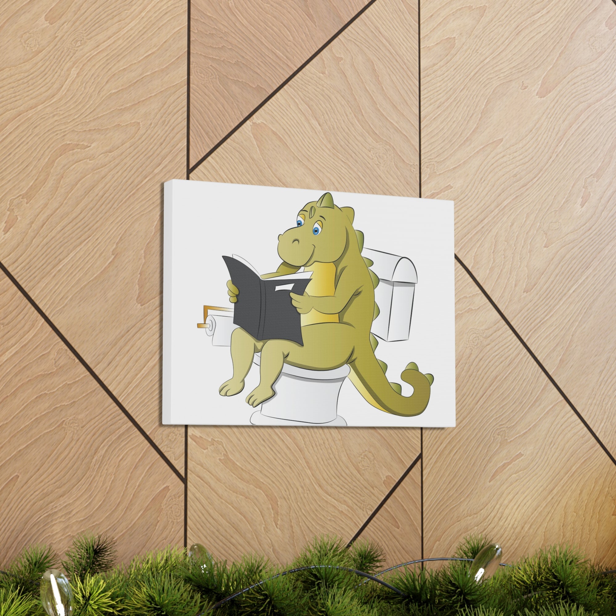 Dinosaur Sitting Reading Newspaper On Toilet Funny Canvas Wall Art for Home Decor Ready-to-Hand-Express Your Love Gifts