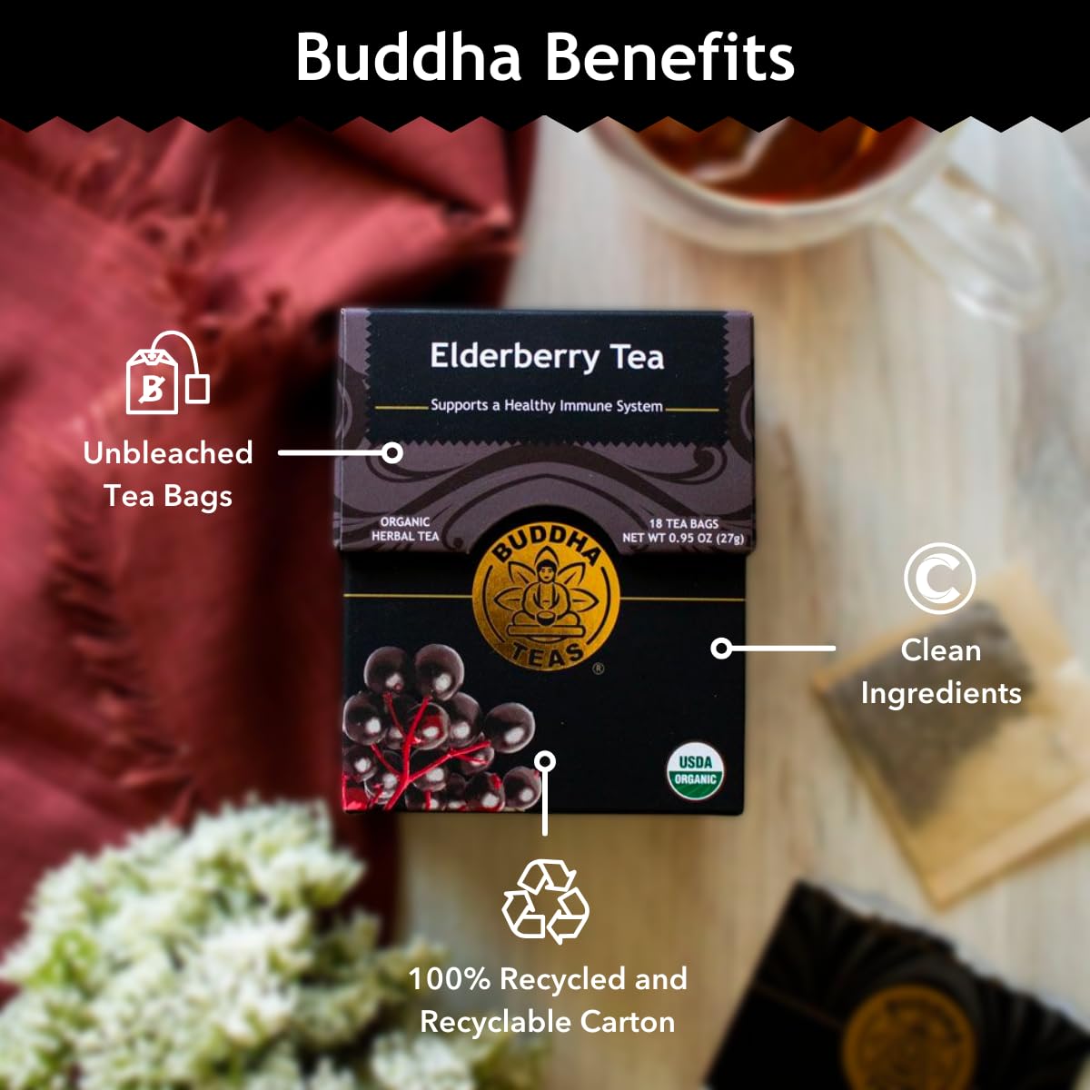 Buddha Teas Organic Elderberry Herbal Tea – Antioxidant-Rich, Caffeine-Free, OU Kosher, Non-GMO, 54 Tea Bags (Pack of 3)-Express Your Love Gifts