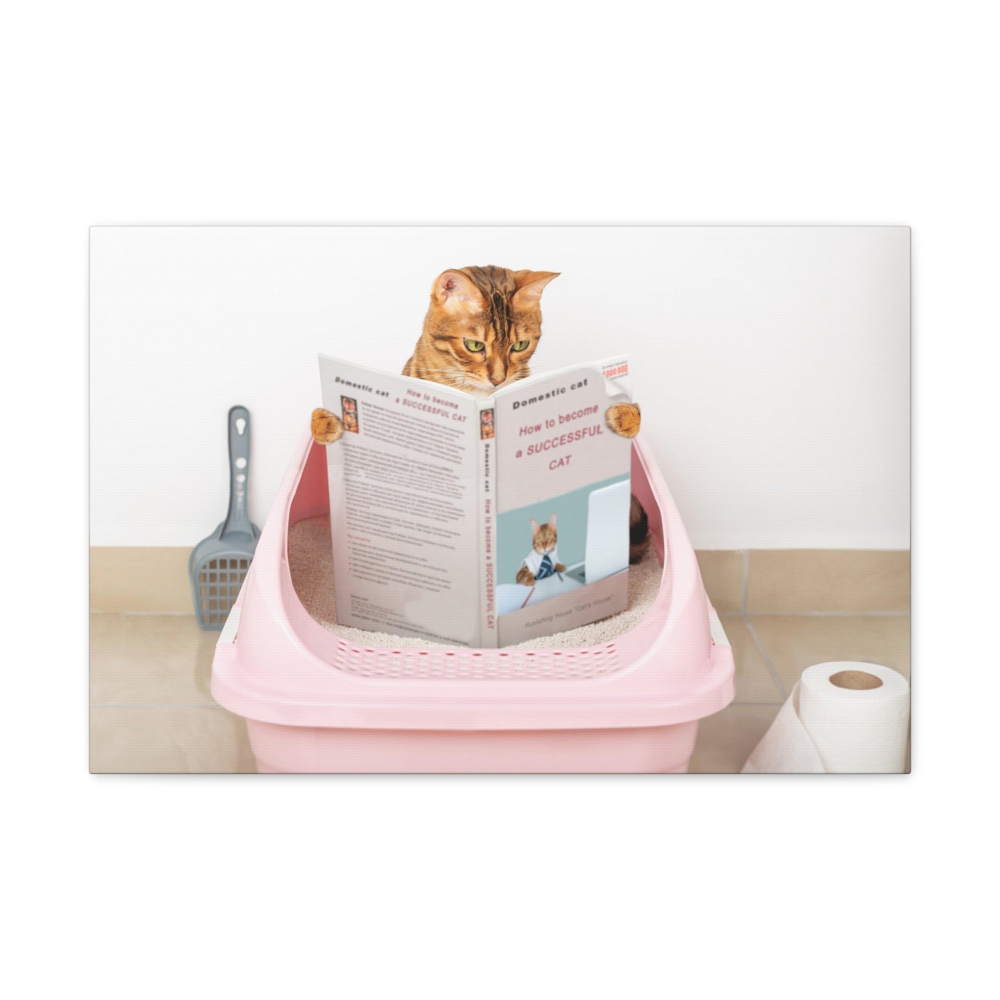 Brown Cat Reading A Book Sitting On Toilet Funny Canvas Wall Art for Home Decor Ready-to-Hand-Express Your Love Gifts