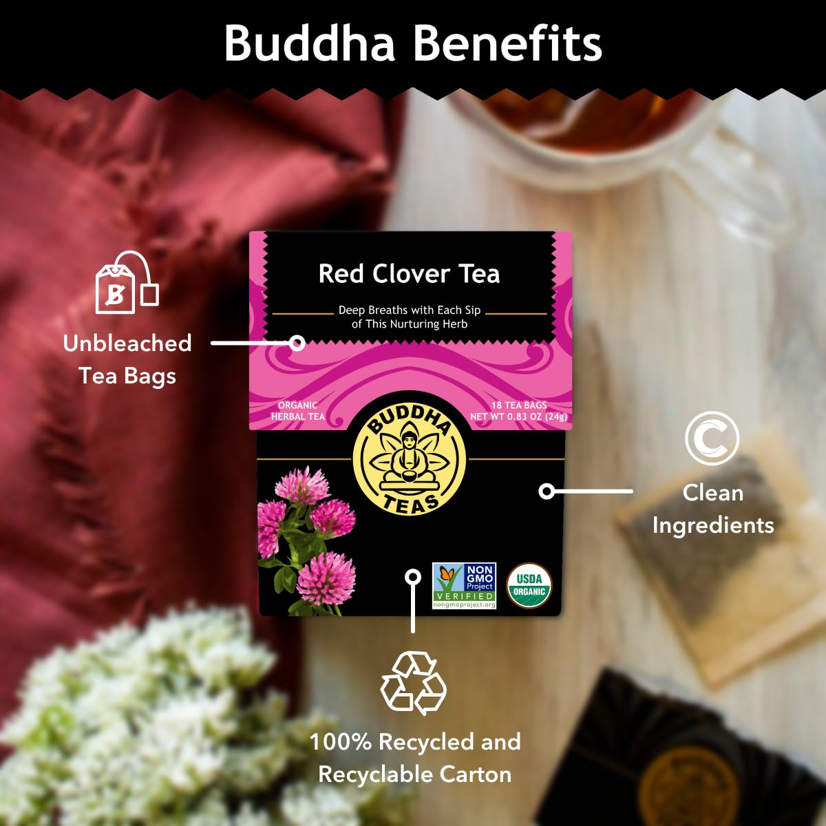 Buddha Teas Organic Red Clover Tea – Caffeine-Free, Kosher, Non-GMO, Women’s Health Support, 72 Bags (Pack of 4)-Express Your Love Gifts