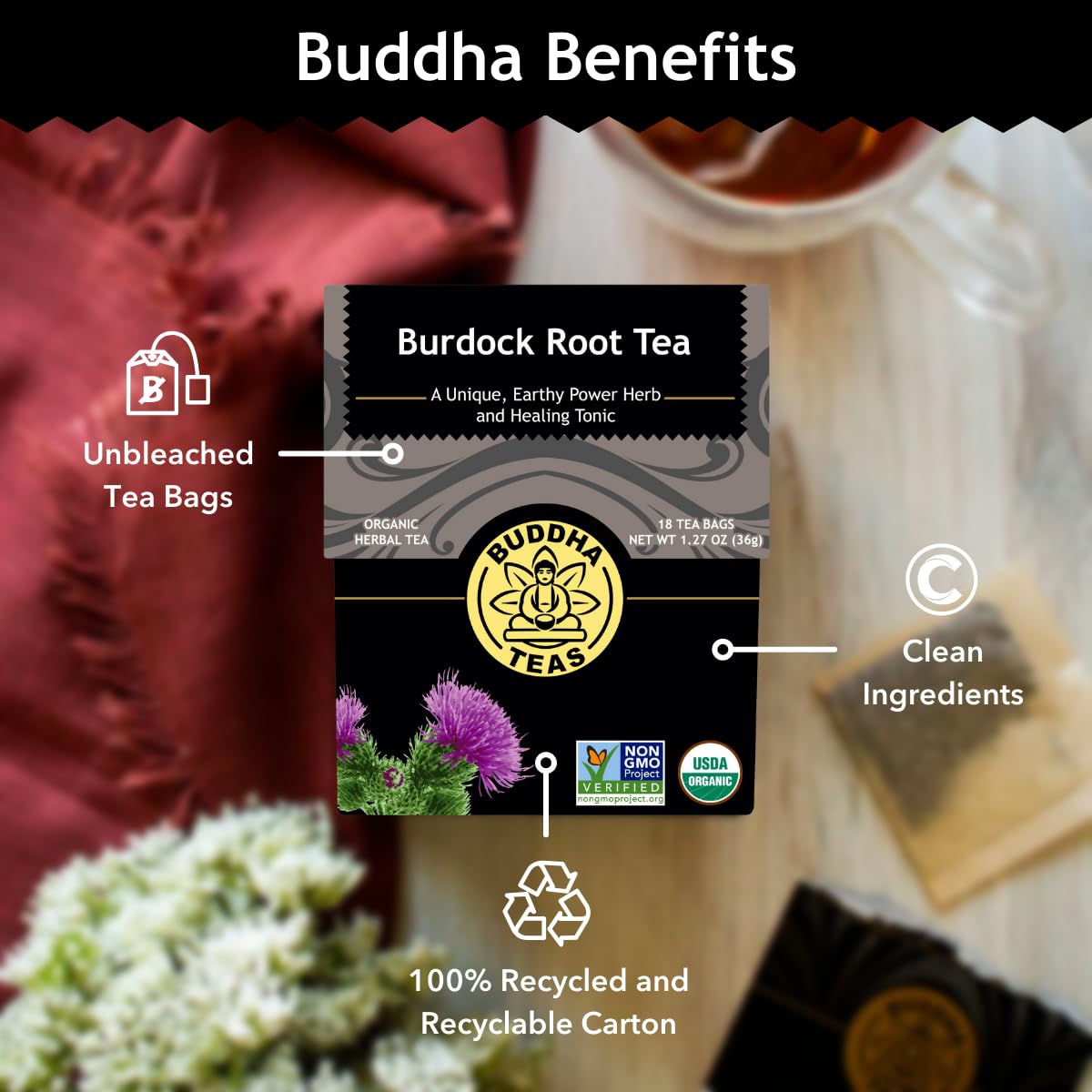 Buddha Teas Organic Burdock Root Tea – Caffeine-Free, Kosher, Non-GMO, 72 Tea Bags (Pack of 4)-Express Your Love Gifts