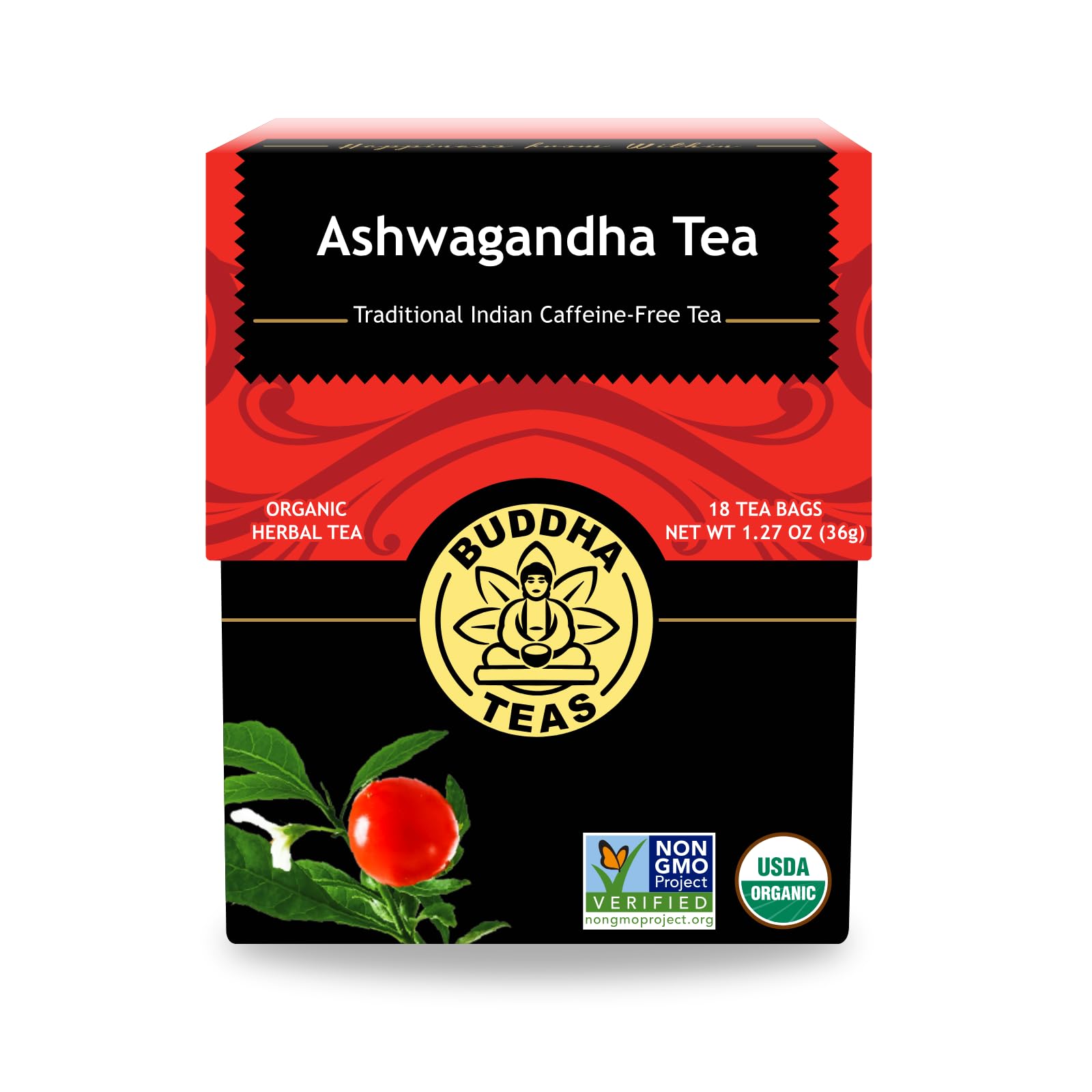 Buddha Teas Organic Ashwagandha Root Tea – Caffeine-Free, Kosher, Non-GMO, 90 Bleach-Free Tea Bags (Pack of 5)-Express Your Love Gifts