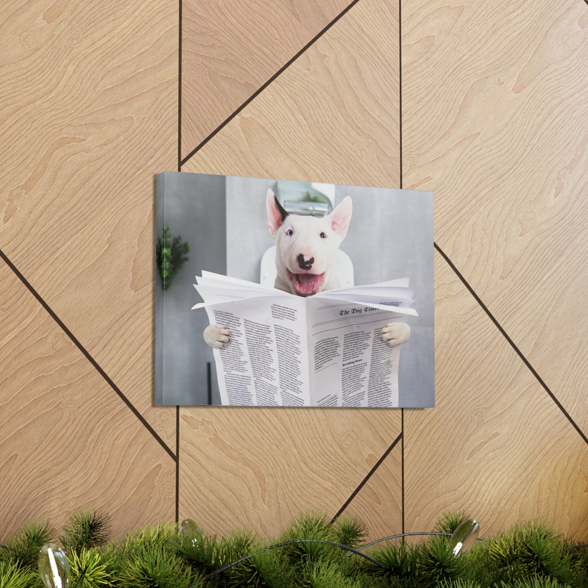 Smiling Bullterrier Reading Newspaper On Toilet Funny Canvas Wall Art for Home Decor Ready-to-Hand-Express Your Love Gifts