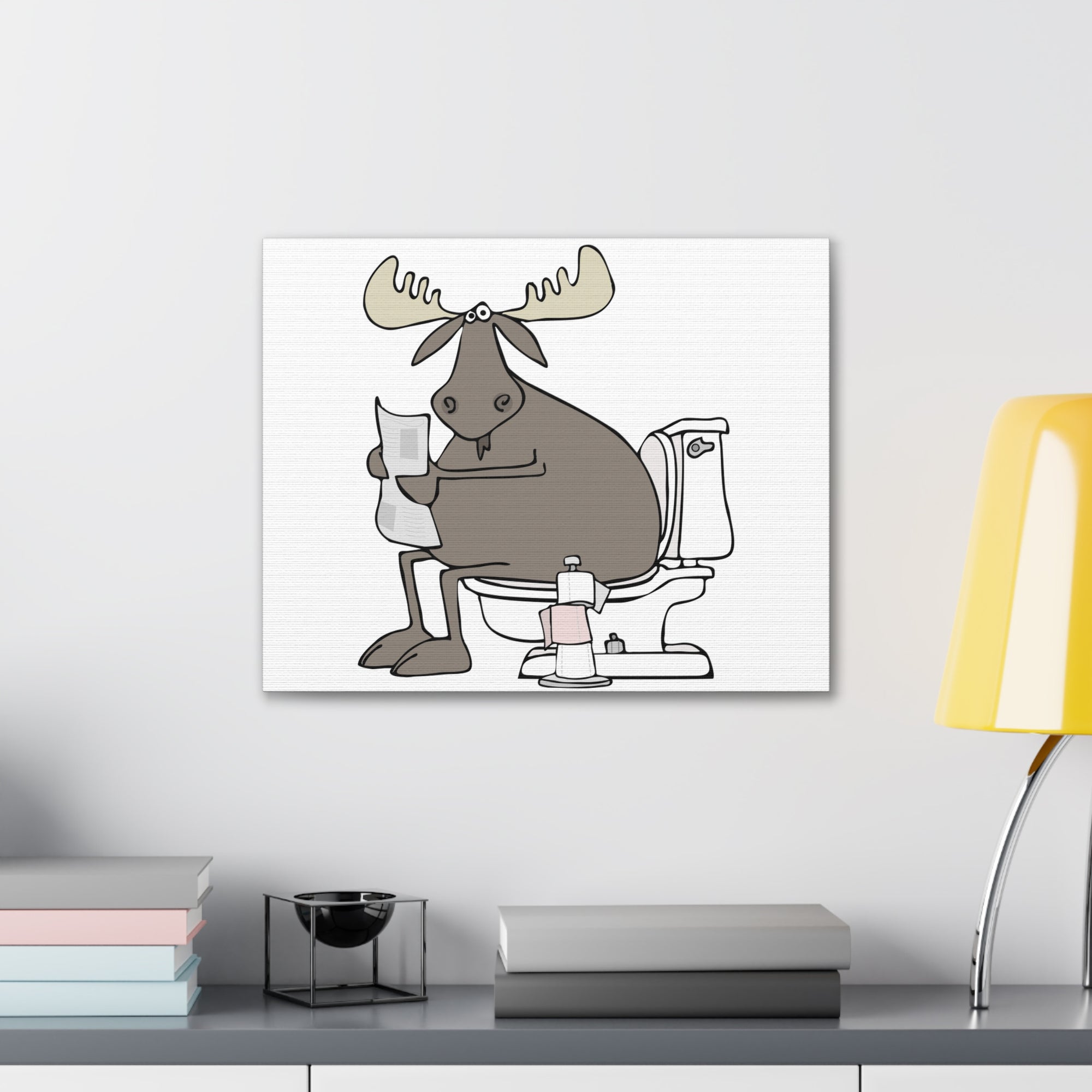 Moose Reading Newspaper On Toilet Funny Canvas Wall Art for Home Decor Ready-to-Hand-Express Your Love Gifts