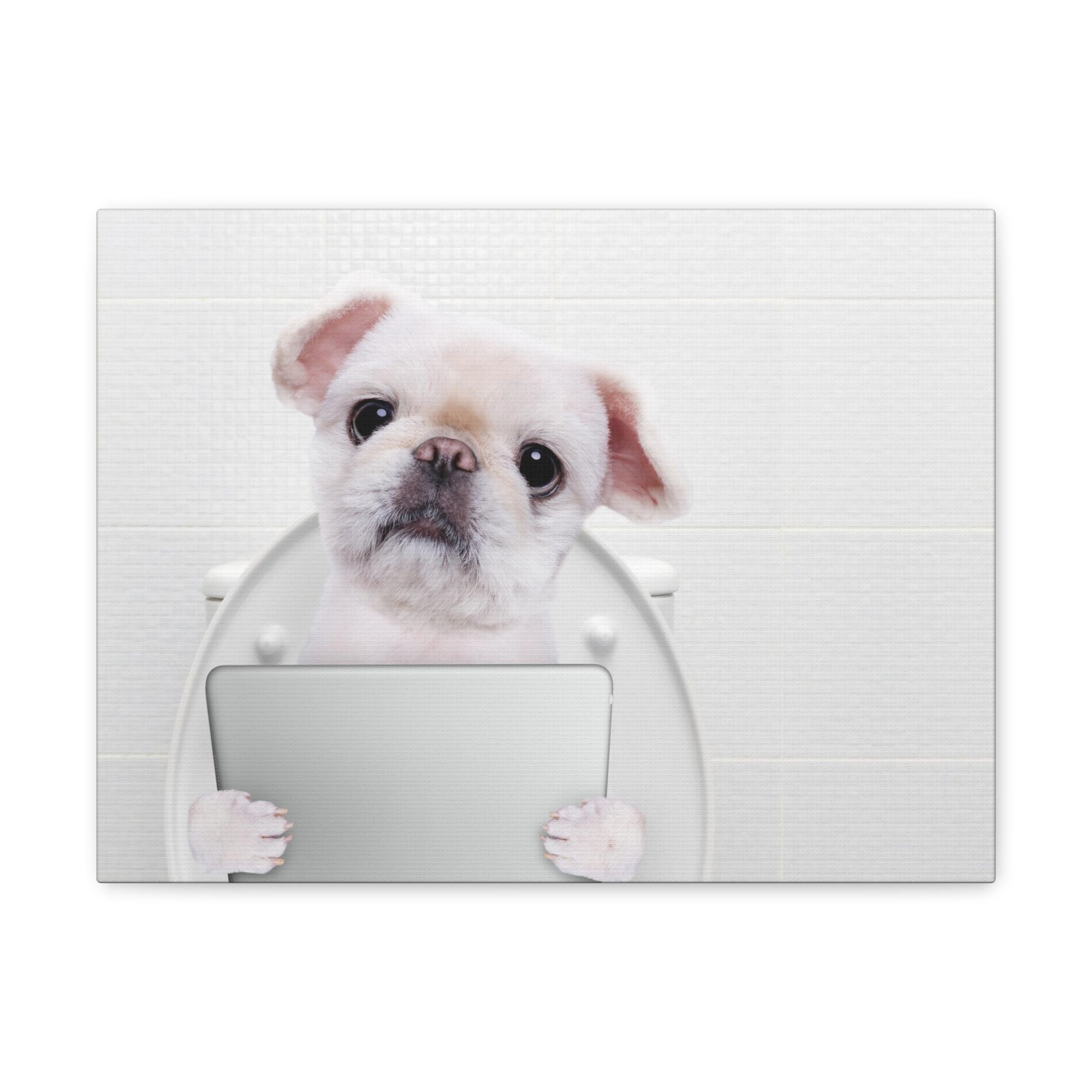 Cute Dog Holding Tablet PC Sitting On Toilet Funny Canvas Wall Art for Home Decor Ready-to-Hand-Express Your Love Gifts