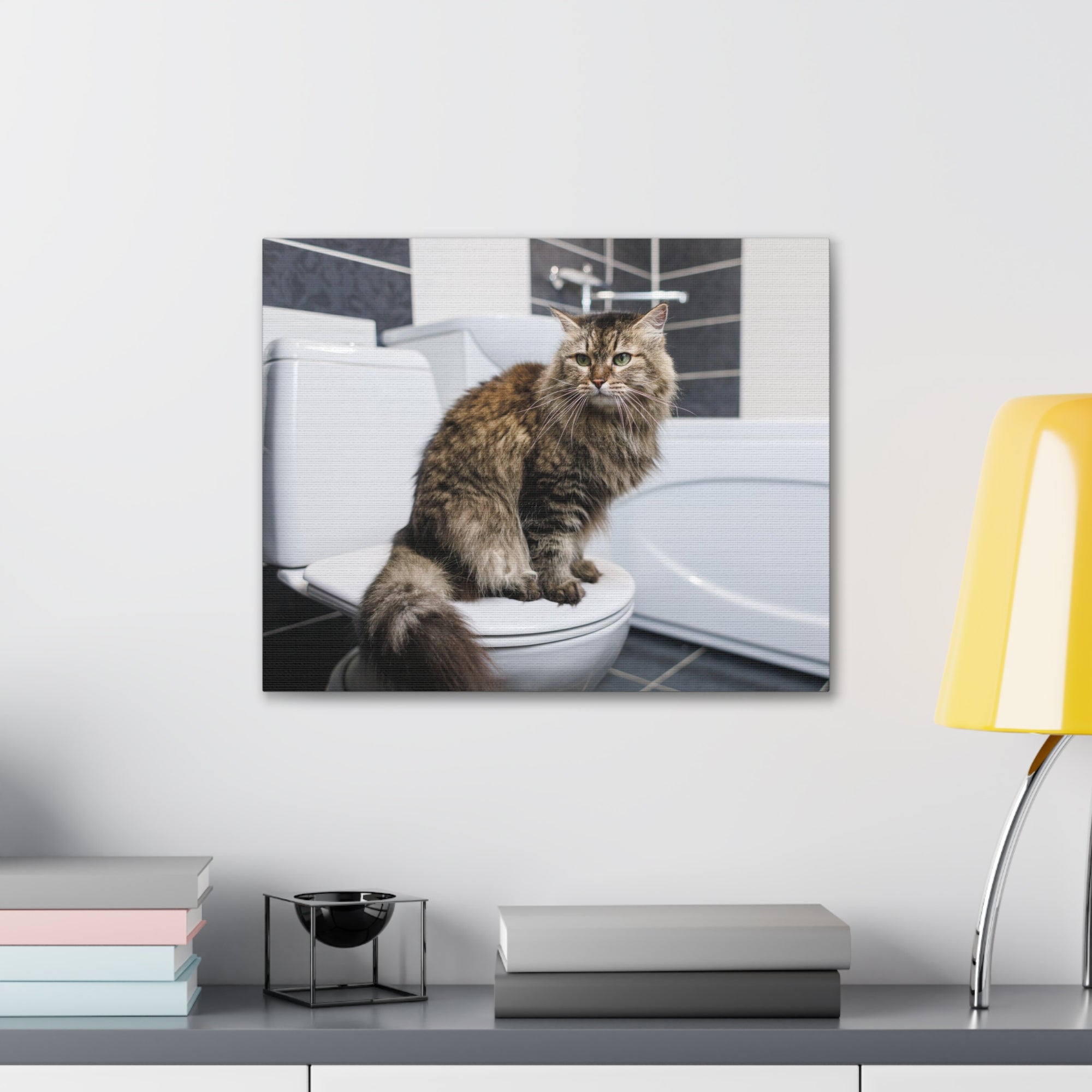 Cute Cat Sitting On Toilet Funny Canvas Wall Art for Home Decor Ready-to-Hand-Express Your Love Gifts