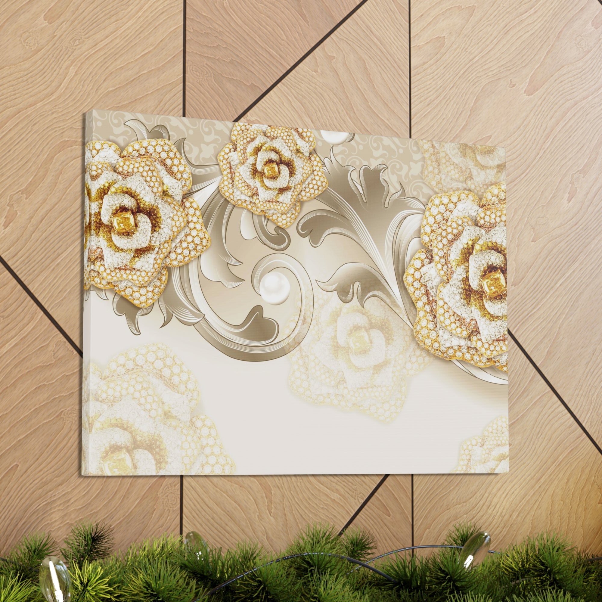 3D Gold And Gray Floral Flower Canvas Wall Art for Home Decor Ready-to-Hang-Express Your Love Gifts