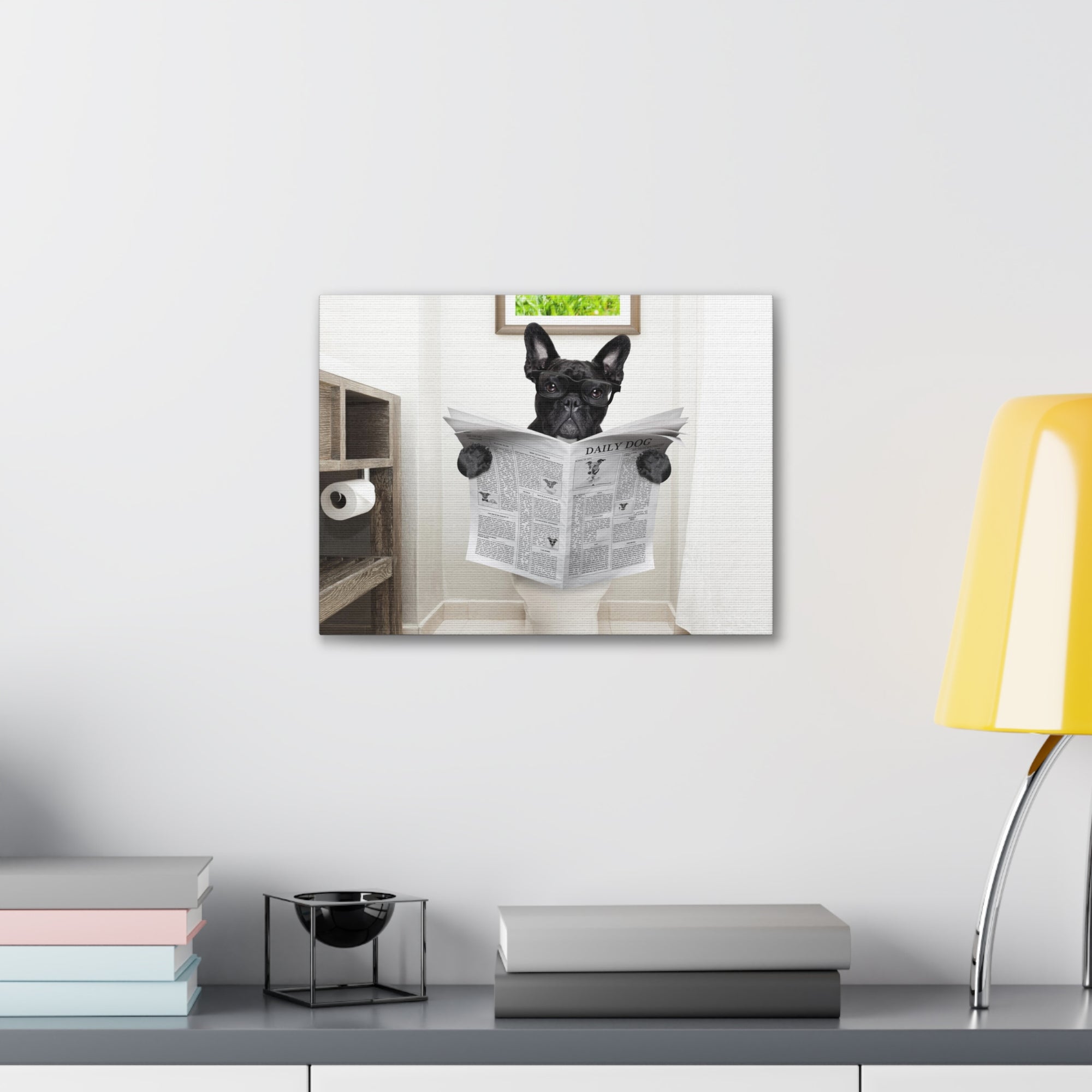 French Bulldog Reading Newspaper On Toilet Funny Canvas Wall Art for Home Decor Ready-to-Hand-Express Your Love Gifts