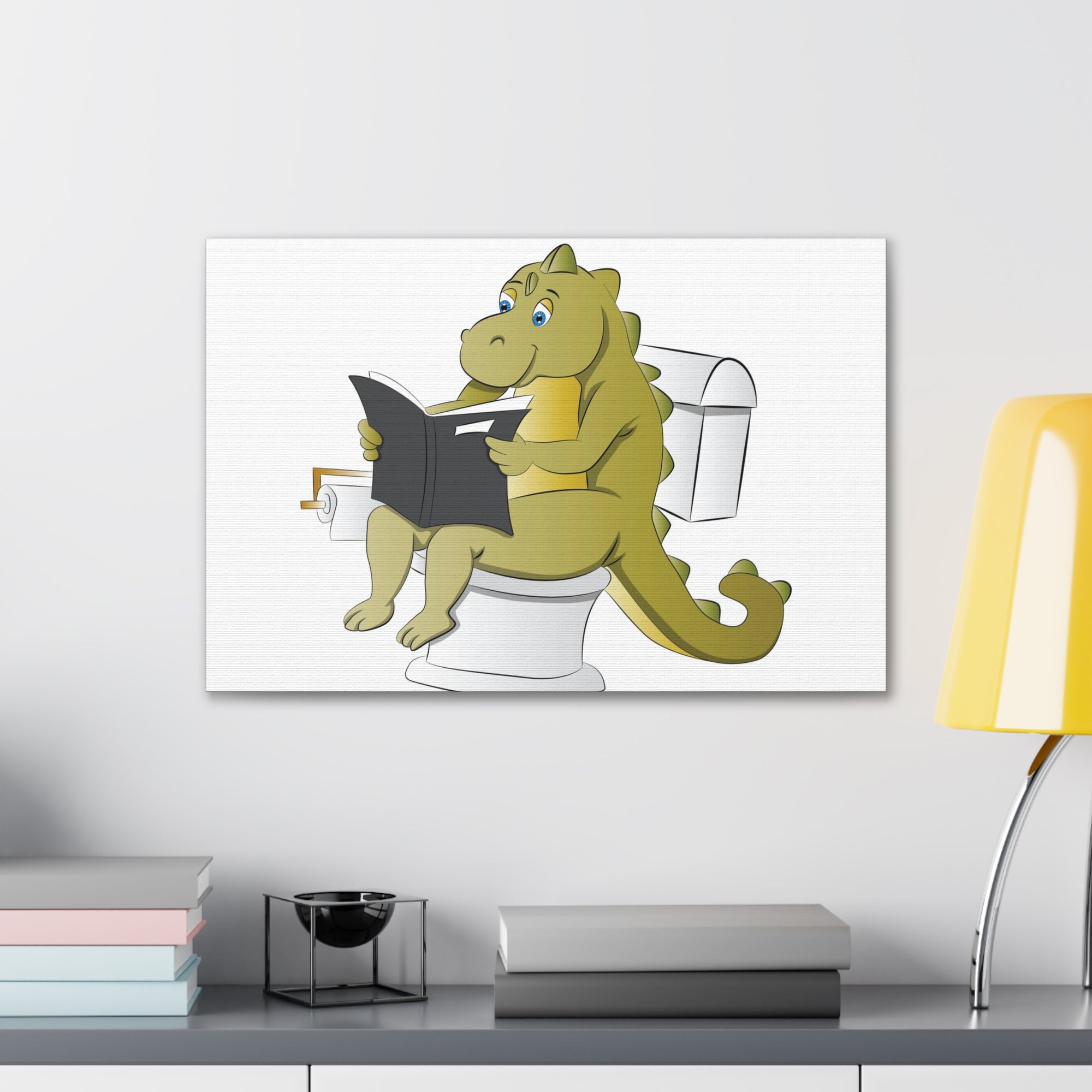 Dinosaur Sitting Reading Newspaper On Toilet Funny Canvas Wall Art for Home Decor Ready-to-Hand-Express Your Love Gifts