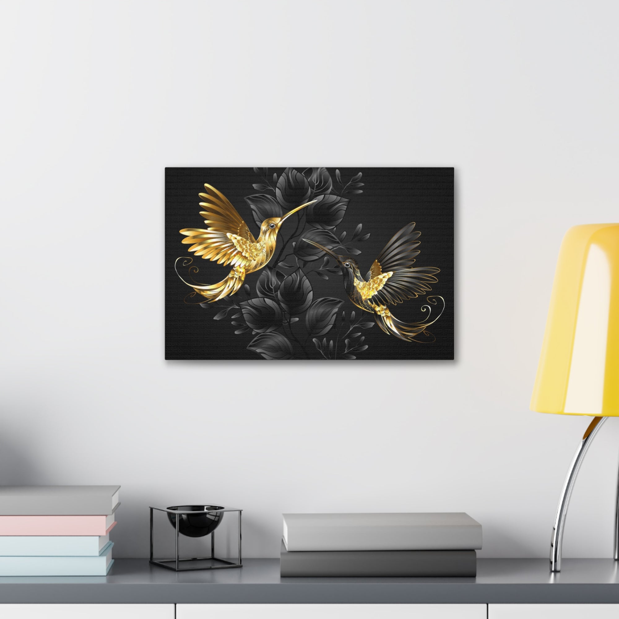 Black Gold Jewelry Hummingbirds With Flowers Canvas Wall Art for Home Decor Ready-to-Hang-Express Your Love Gifts