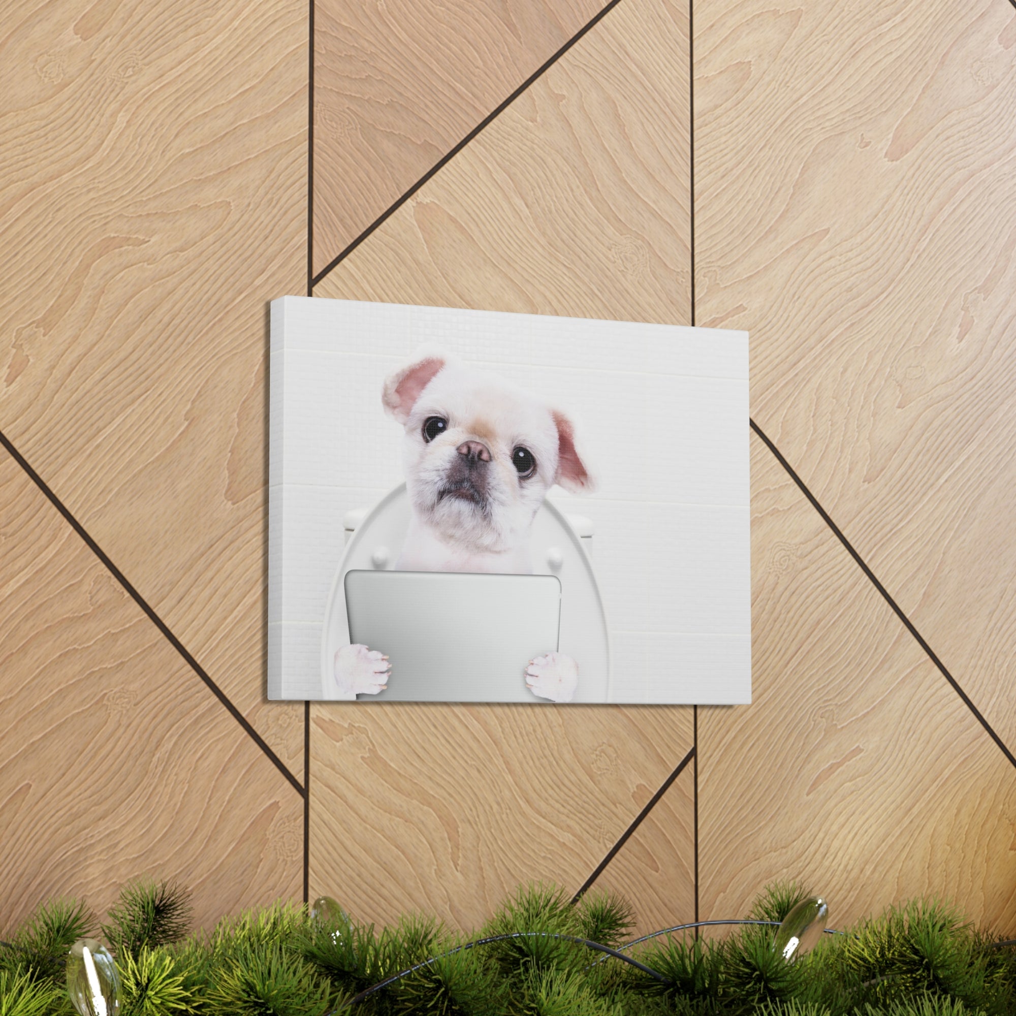 Cute Dog Holding Tablet PC Sitting On Toilet Funny Canvas Wall Art for Home Decor Ready-to-Hand-Express Your Love Gifts