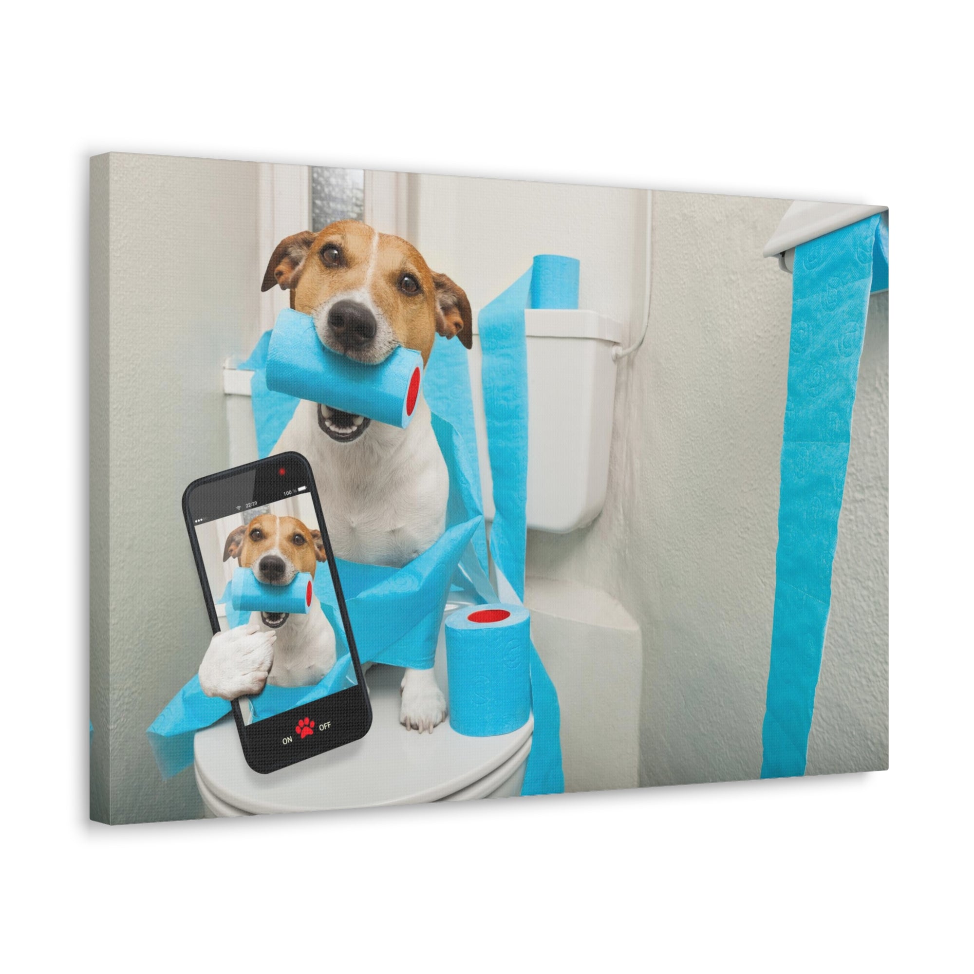 Jack Russell Terrier Holding Phone On Toilet Funny Canvas Wall Art for Home Decor Ready-to-Hand-Express Your Love Gifts