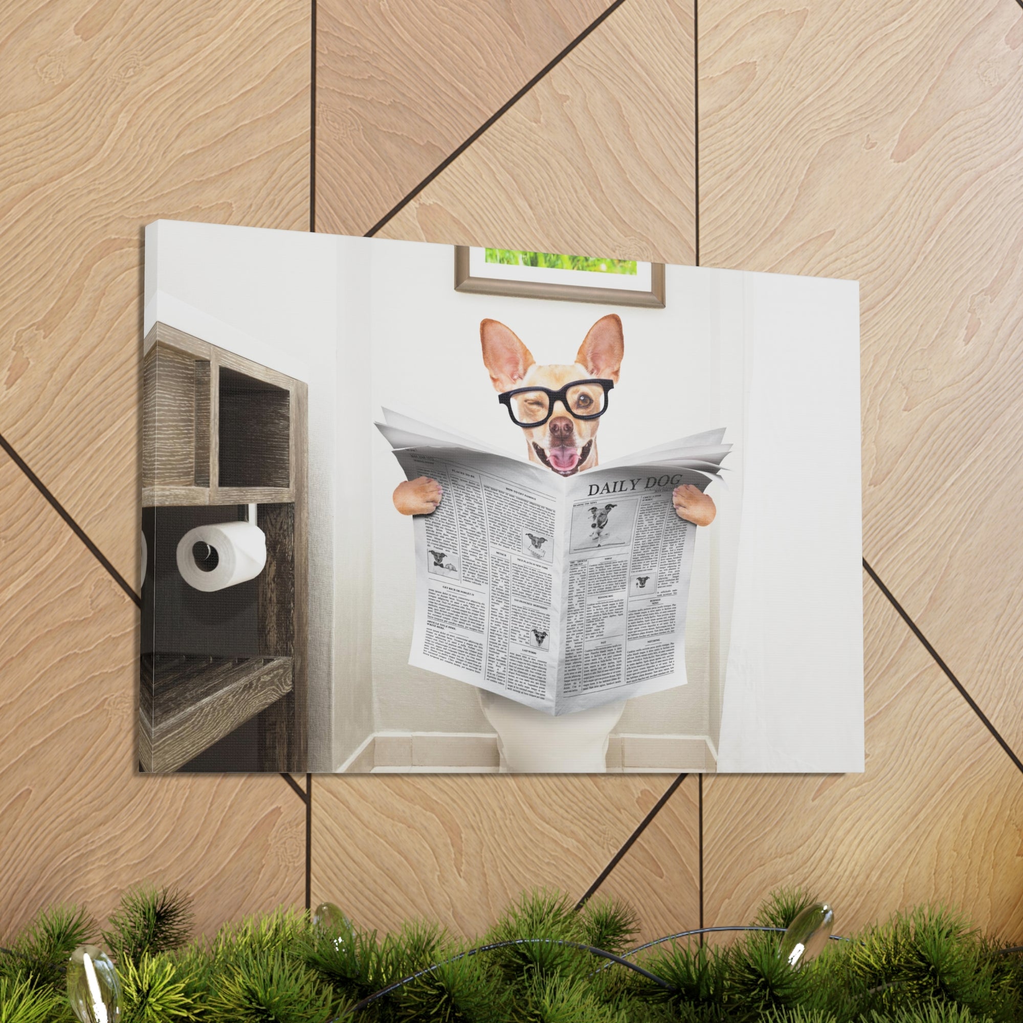 Funny Chihuahua Reading Newspaper On Toilet Funny Canvas Wall Art for Home Decor Ready-to-Hand-Express Your Love Gifts