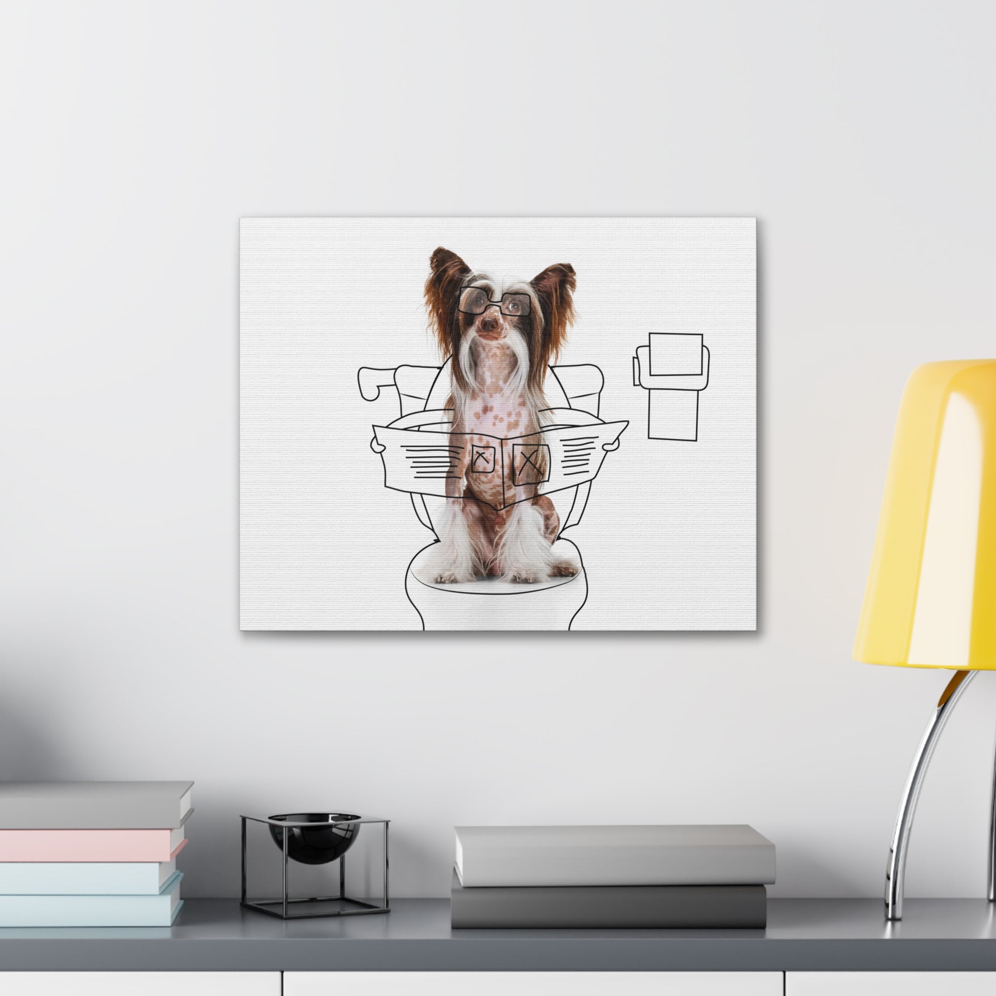 Chinese Crested Reading Newspaper On Toilet Funny Canvas Wall Art for Home Decor Ready-to-Hand-Express Your Love Gifts