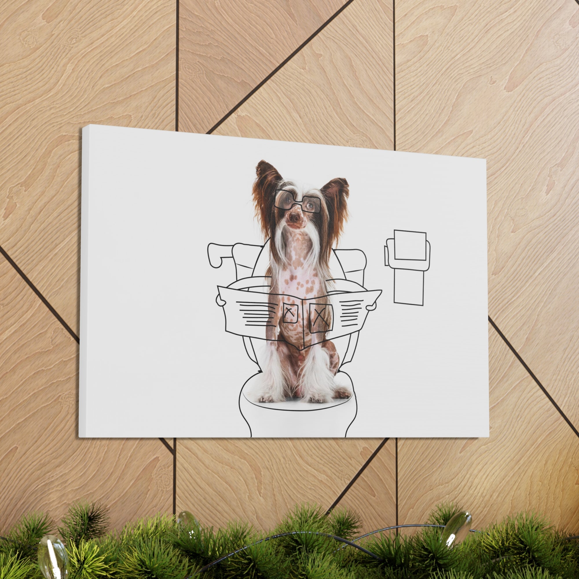 Chinese Crested Reading Newspaper On Toilet Funny Canvas Wall Art for Home Decor Ready-to-Hand-Express Your Love Gifts