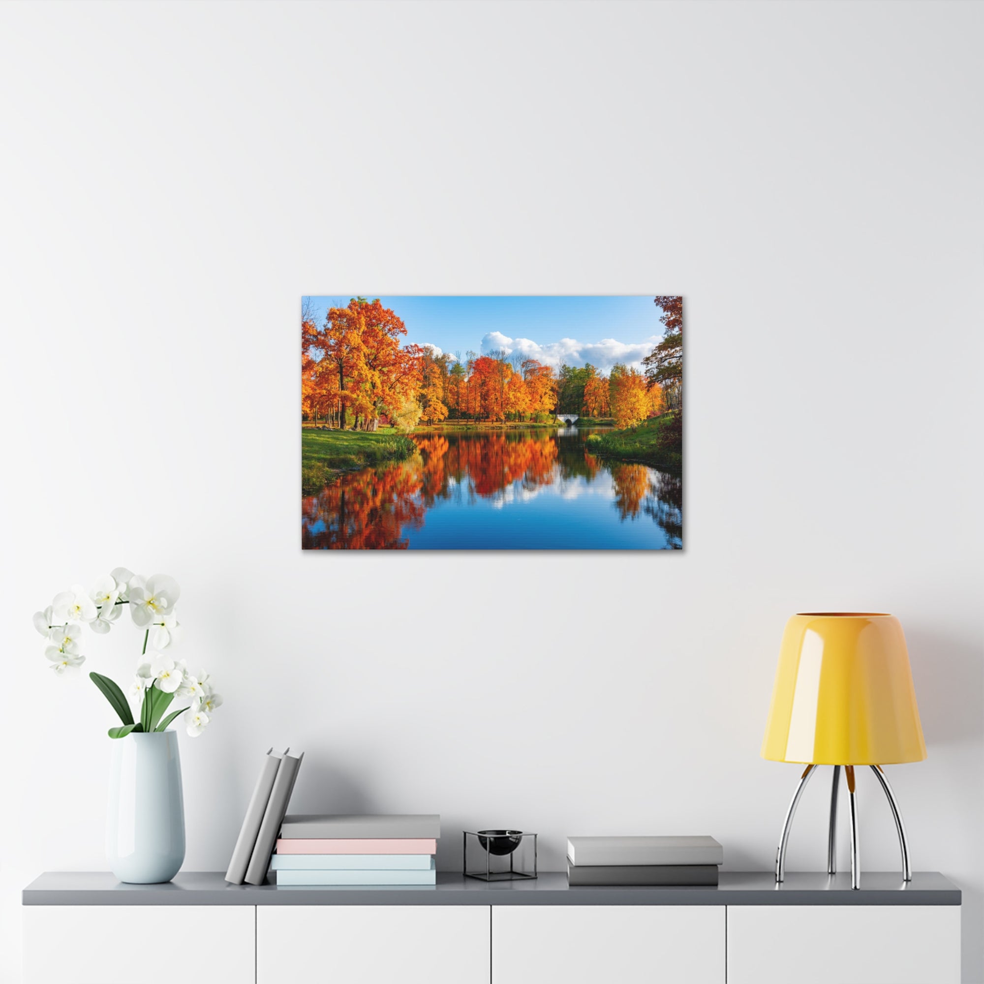 Autumn Fall Forest Orange Leaves Lake Nature Wilderness Photography Canvas Wall Art for Home Decor Ready-to-Hang-Express Your Love Gifts