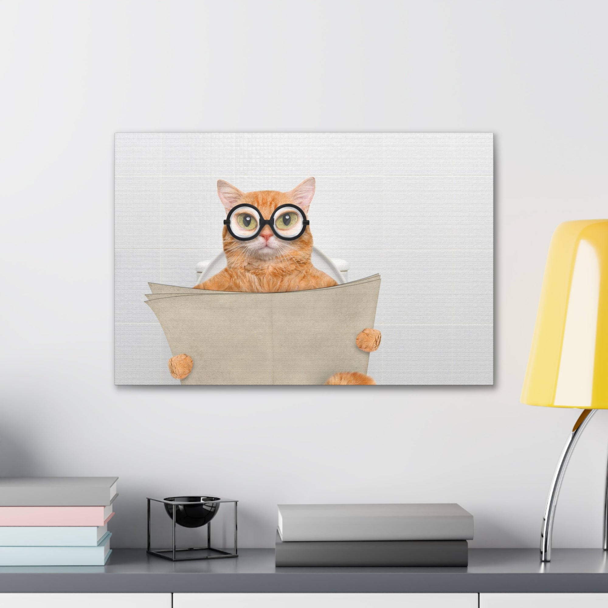 Cat Wearing Glasses Reading Newspaper On Toilet Funny Canvas Wall Art for Home Decor Ready-to-Hand-Express Your Love Gifts