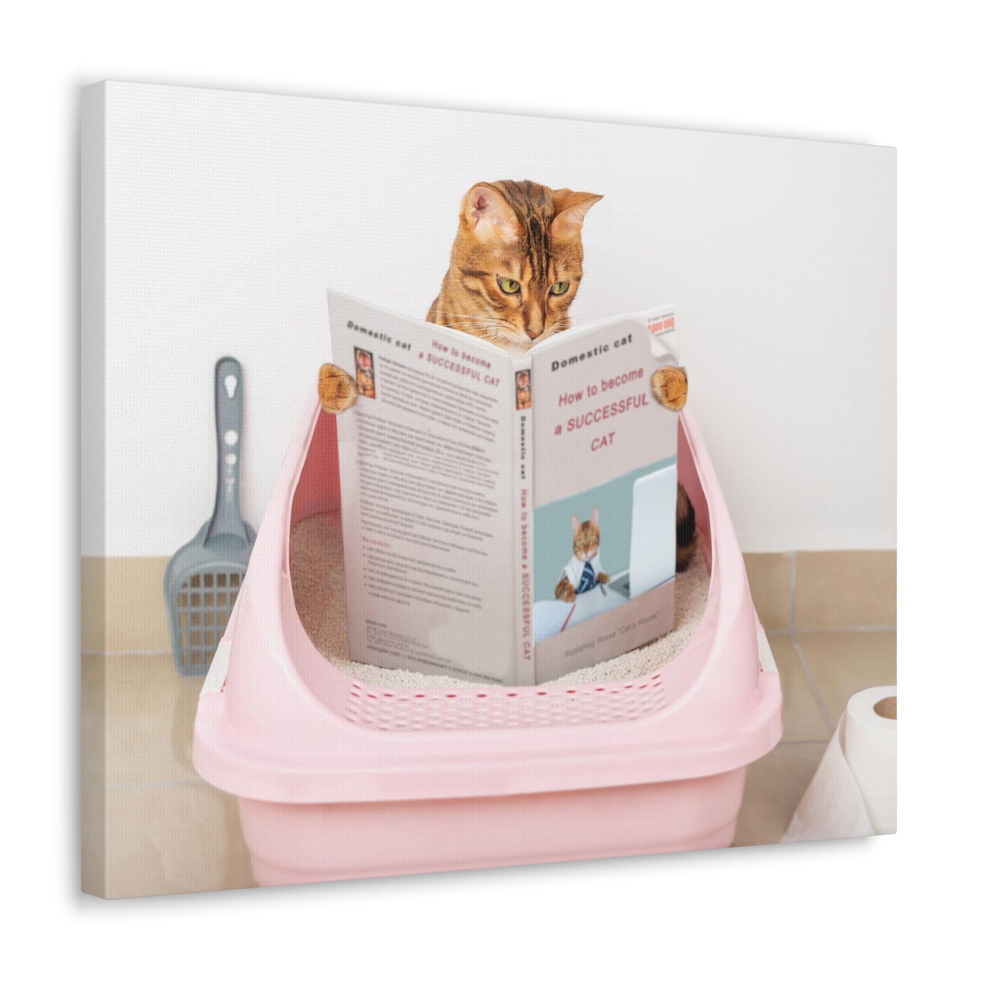 Brown Cat Reading A Book Sitting On Toilet Funny Canvas Wall Art for Home Decor Ready-to-Hand-Express Your Love Gifts