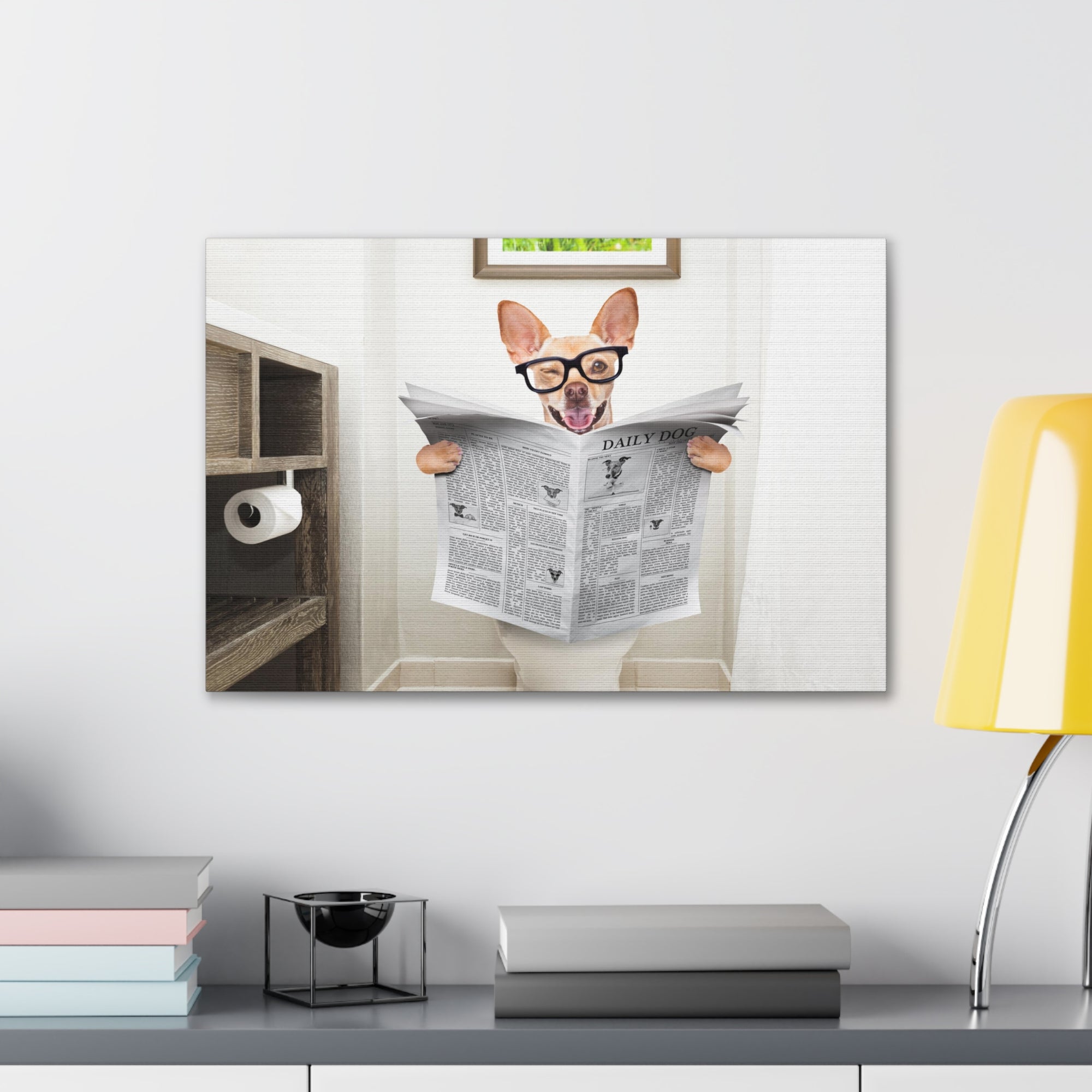 Funny Chihuahua Reading Newspaper On Toilet Funny Canvas Wall Art for Home Decor Ready-to-Hand-Express Your Love Gifts