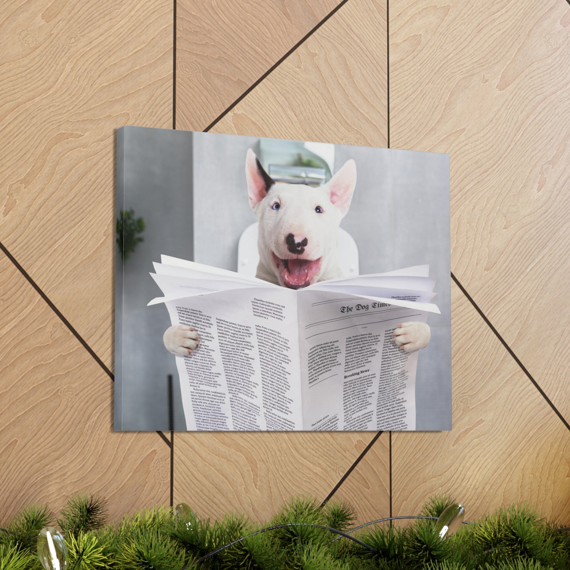 Smiling Bullterrier Reading Newspaper On Toilet Funny Canvas Wall Art for Home Decor Ready-to-Hand-Express Your Love Gifts