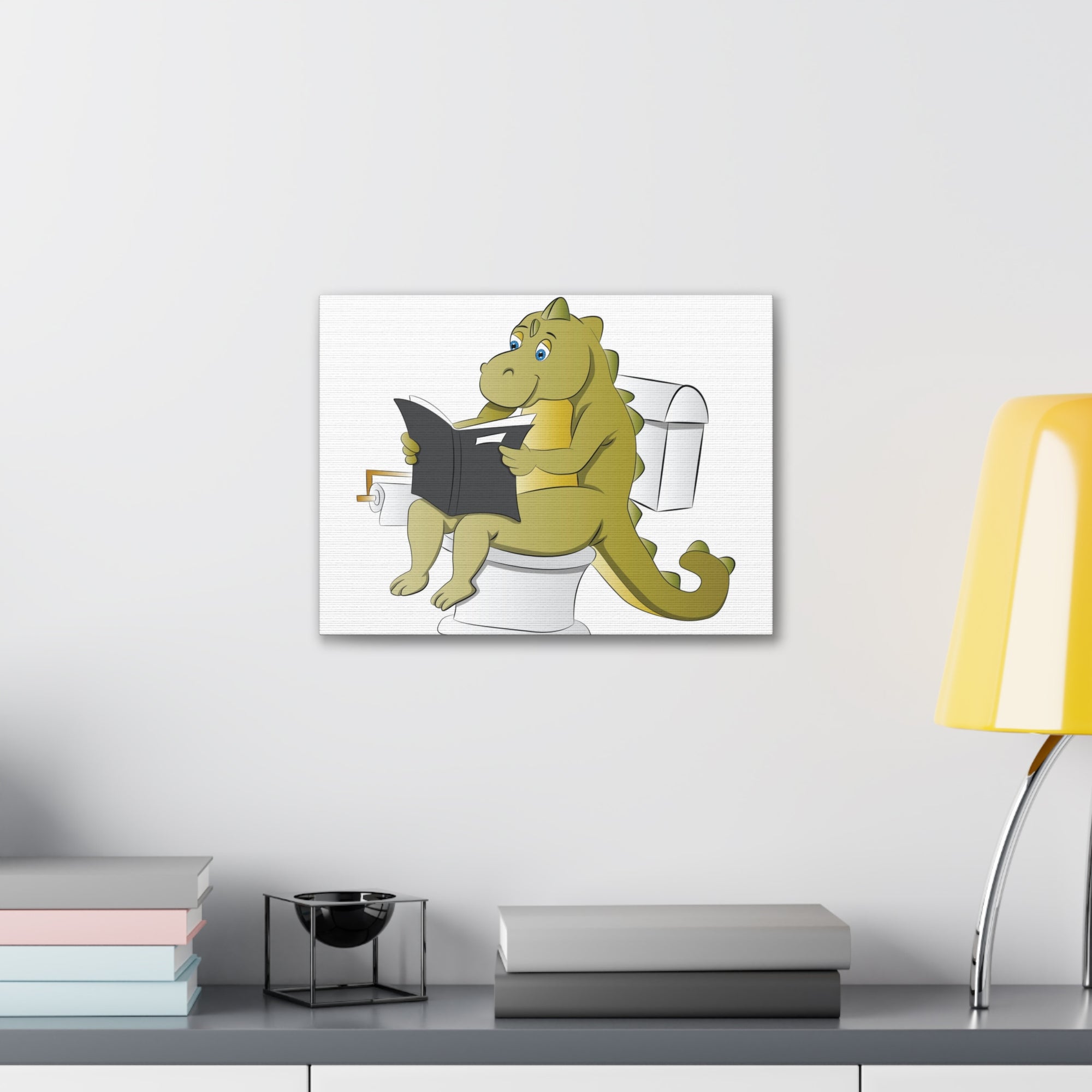 Dinosaur Sitting Reading Newspaper On Toilet Funny Canvas Wall Art for Home Decor Ready-to-Hand-Express Your Love Gifts