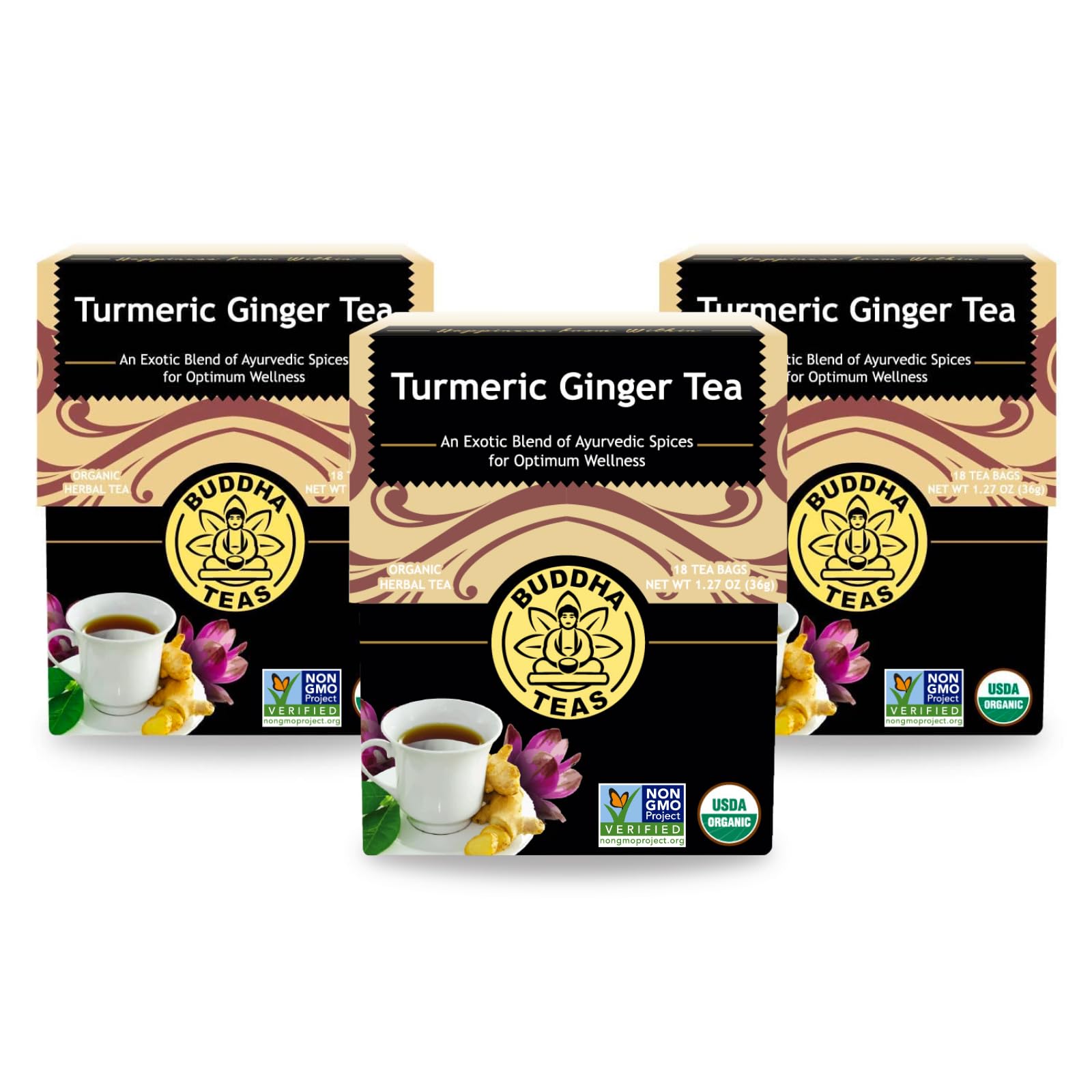 Buddha Teas Organic Turmeric Ginger Tea - OU Kosher, USDA Organic, CCOF Organic, 18 Bleach-Free Tea Bags (Pack of 3)-Express Your Love Gifts