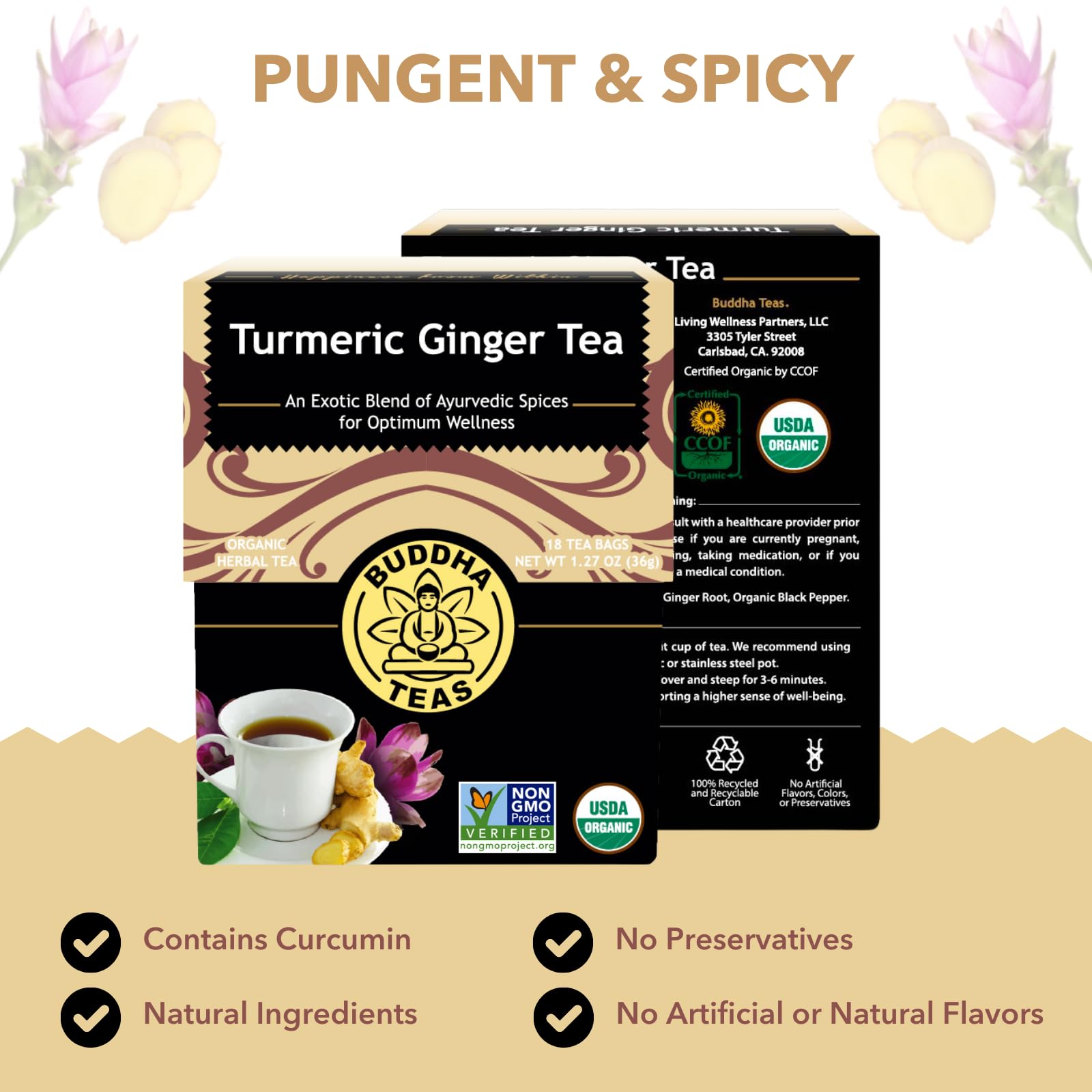 Buddha Teas Organic Turmeric Ginger Tea - OU Kosher, USDA Organic, CCOF Organic, 18 Bleach-Free Tea Bags (Pack of 3)-Express Your Love Gifts